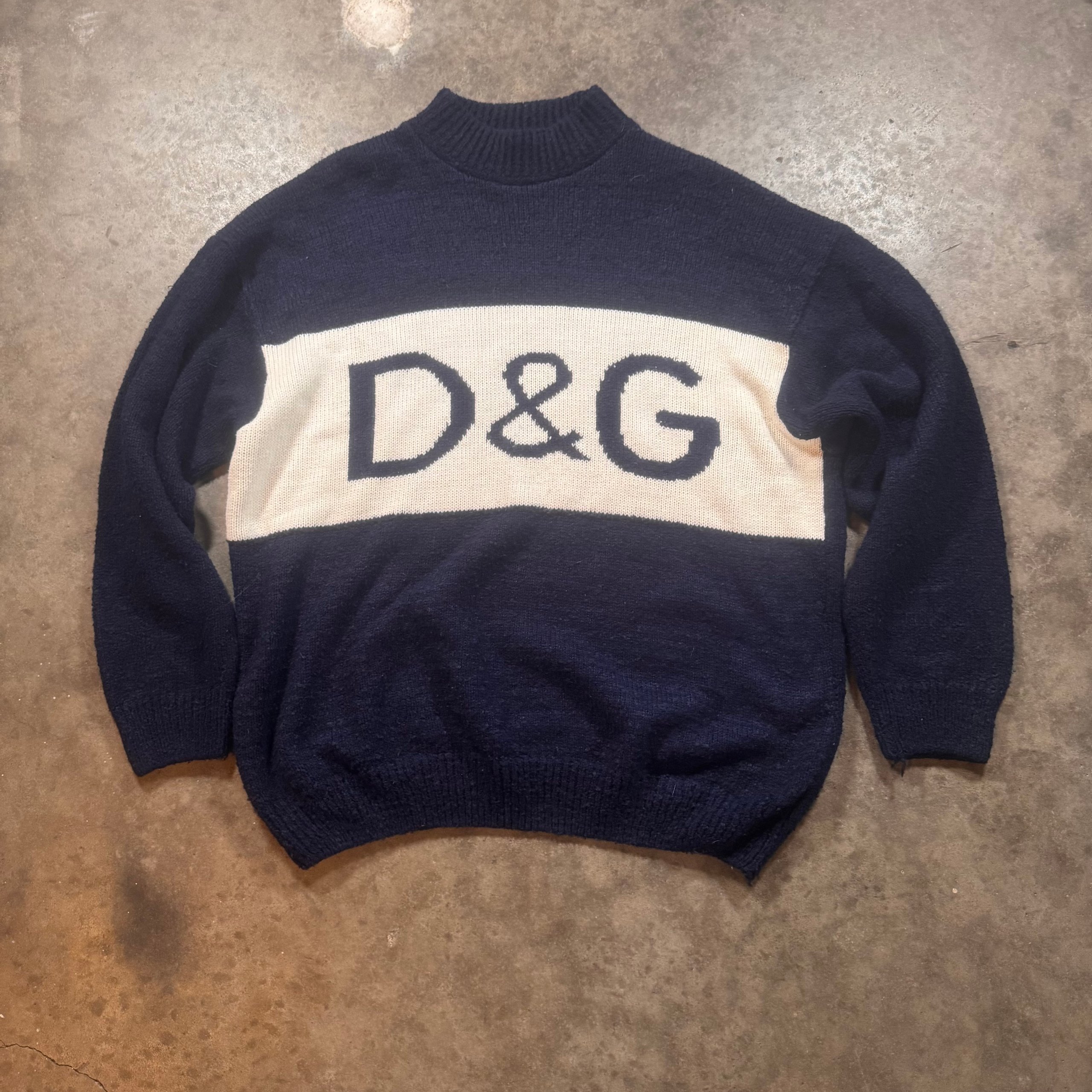 Dolce & Gabbana Navy & White D&G Logo Knit Sweater Large