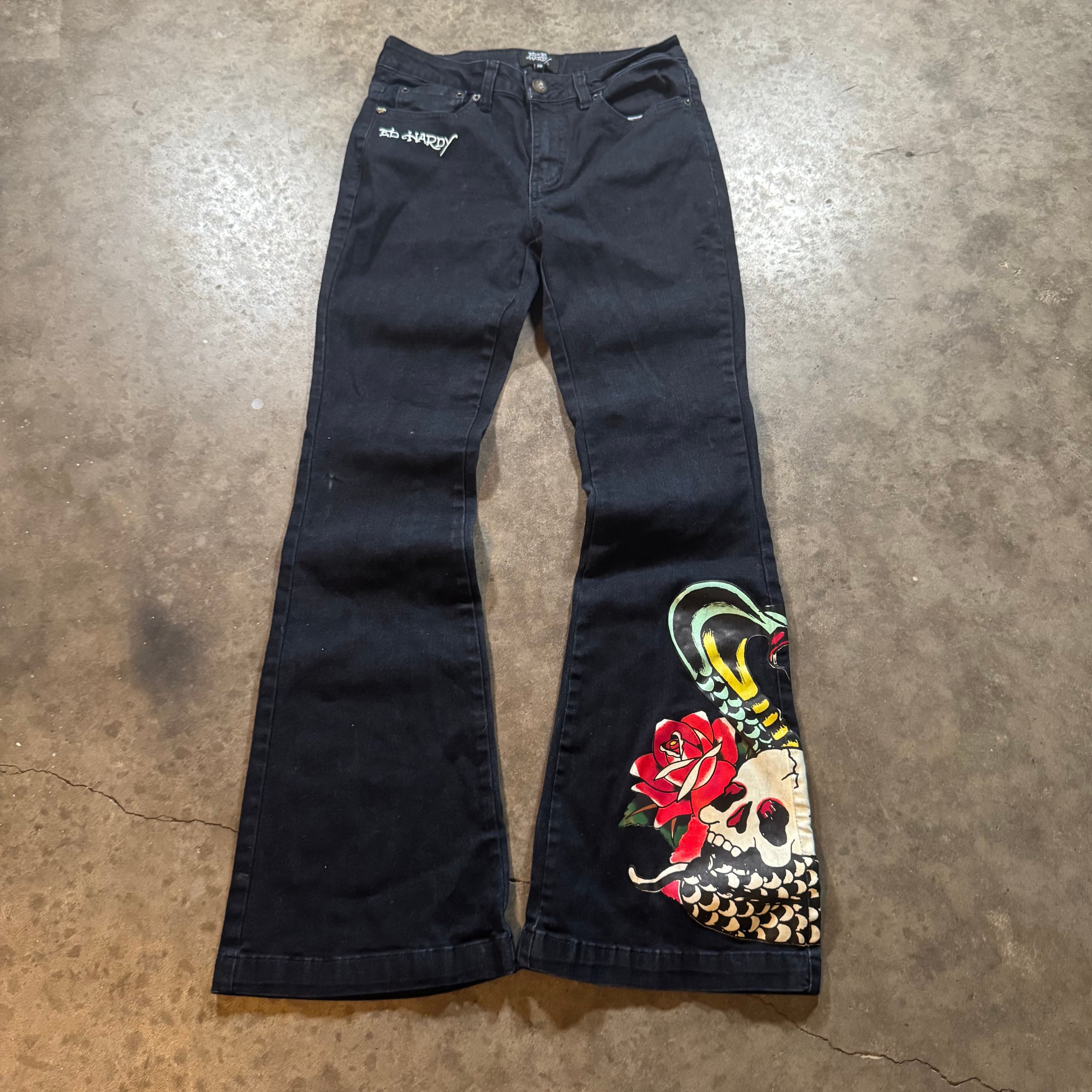 Ed Hardy Black Graphic Flared Jeans 28 Skull & Rose