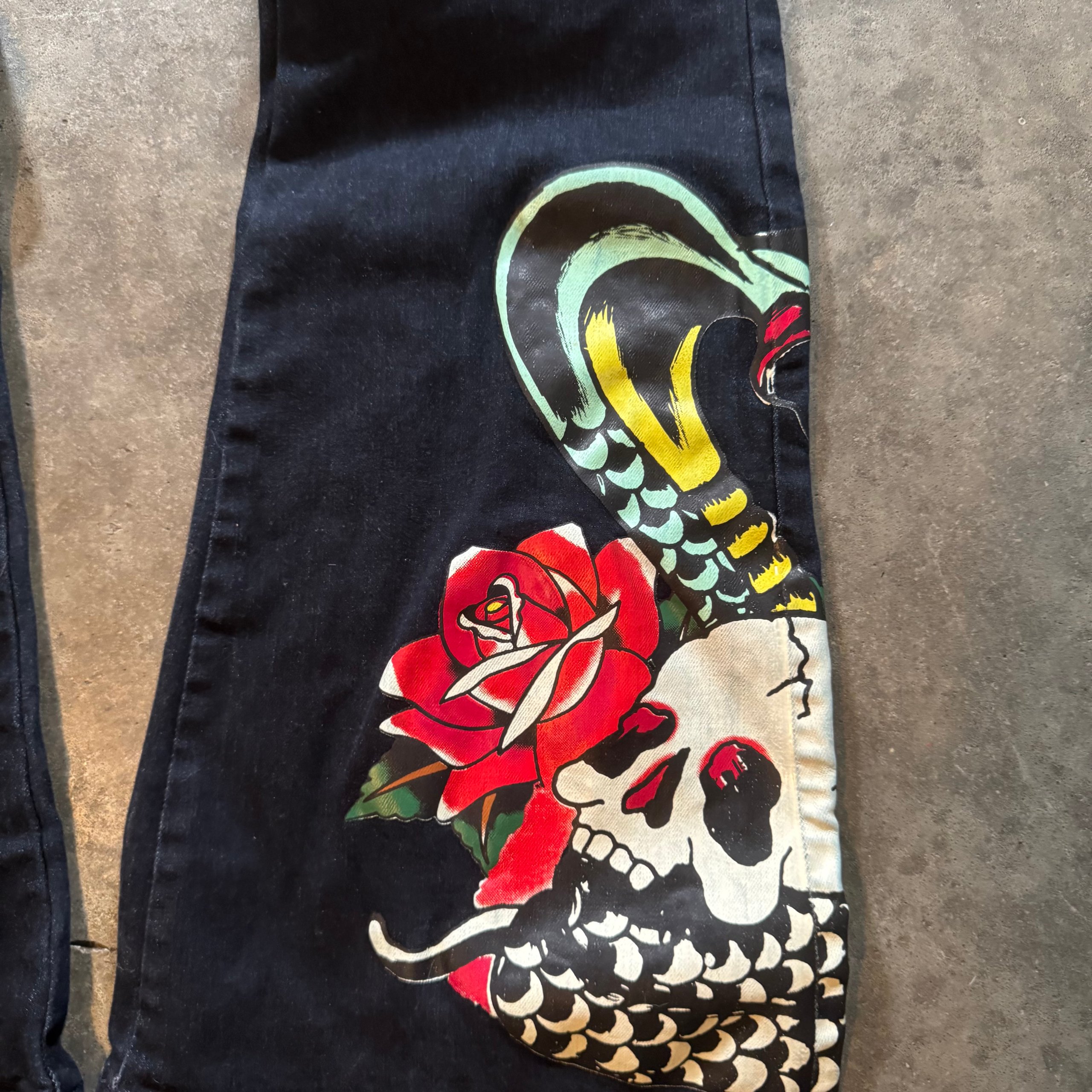 Ed Hardy Black Graphic Flared Jeans 28 Skull & Rose image 2