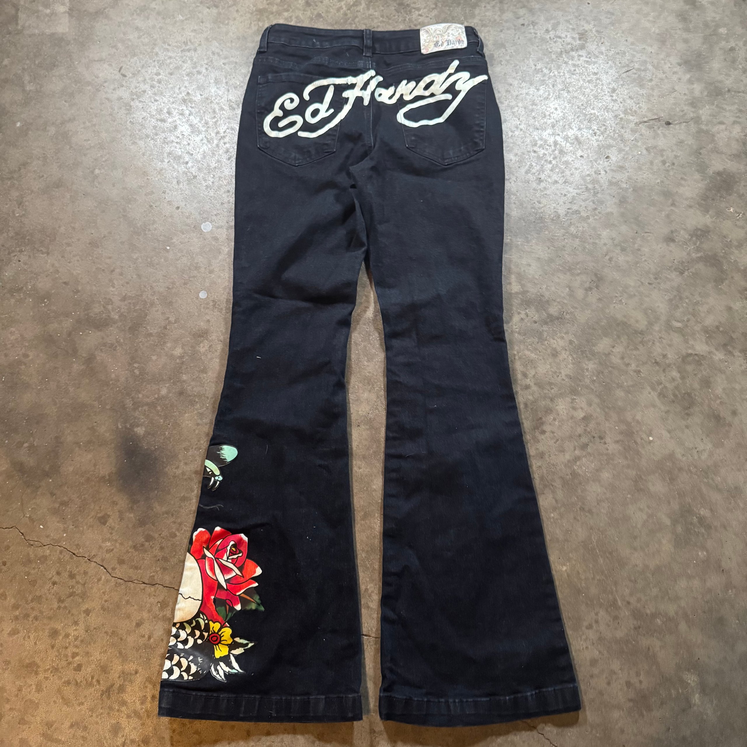 Ed Hardy Black Graphic Flared Jeans 28 Skull & Rose image 7