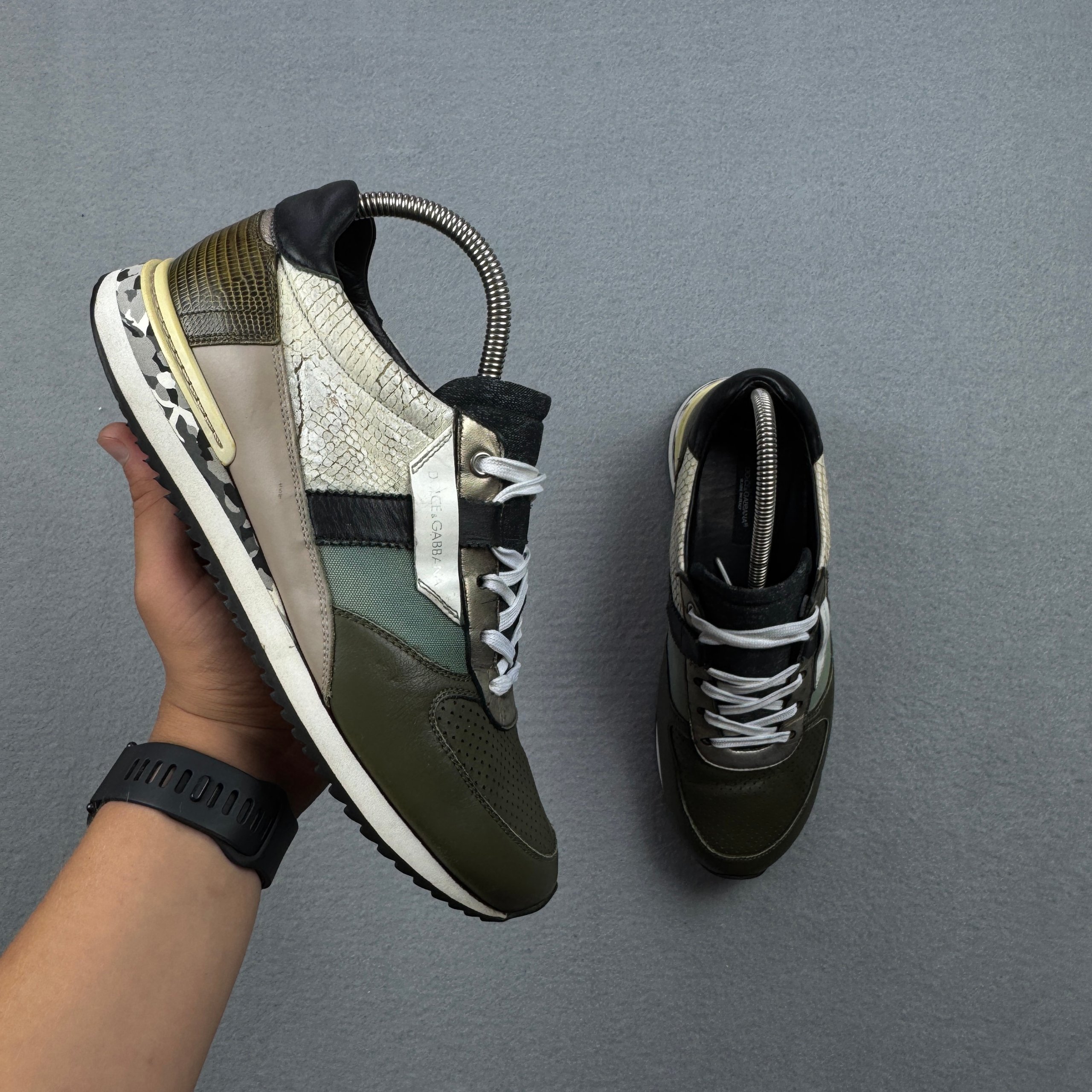 Dolce & Gabbana Patchwork Green & Black Leather / Fabric Sneakers Size 6 / 40.5 / 25.5cm