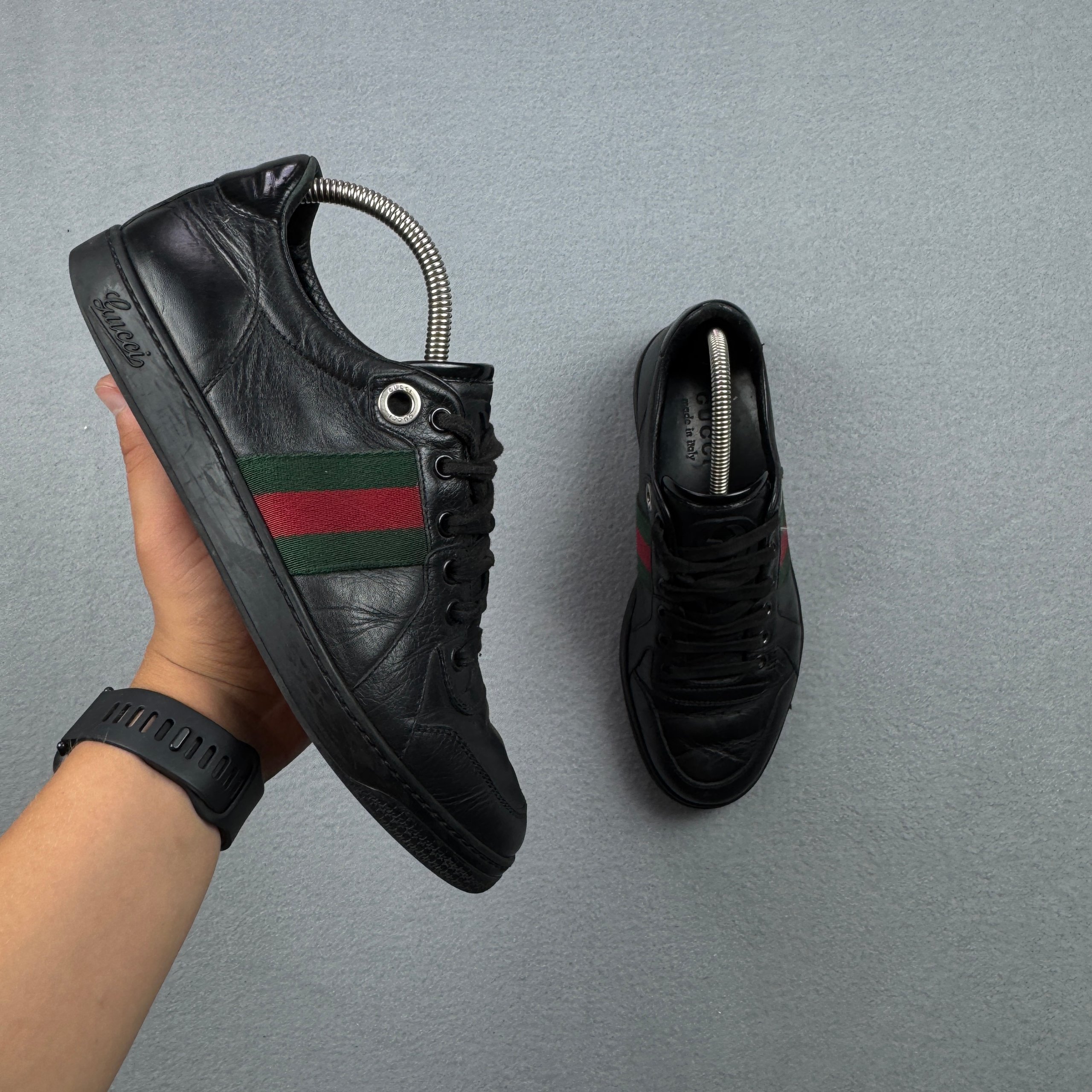 Gucci Coda Web Stripe Black Leather Sneakers Size 40.5 / 25.5cm