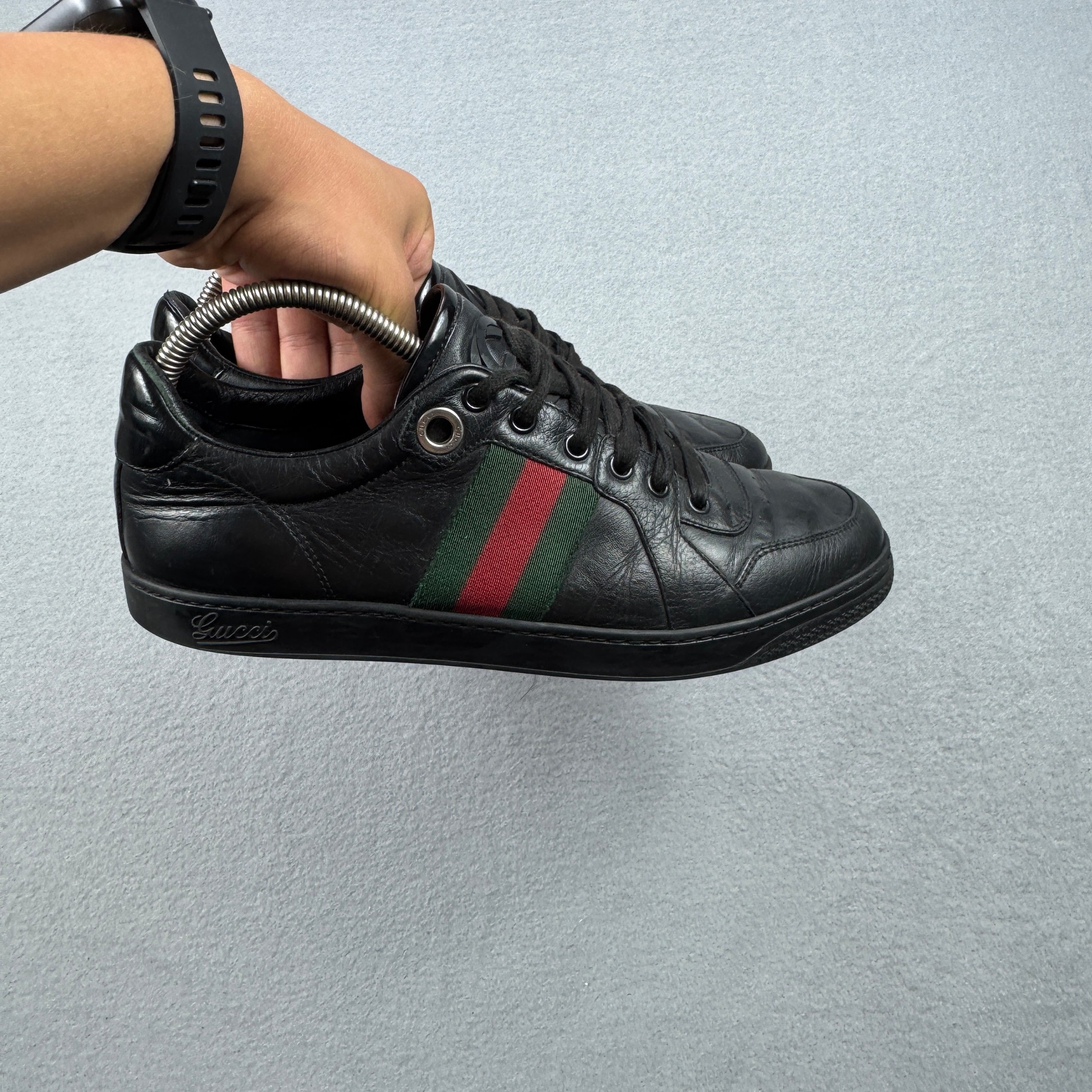Gucci Coda Web Stripe Black Leather Sneakers Size 40.5 / 25.5cm image 2