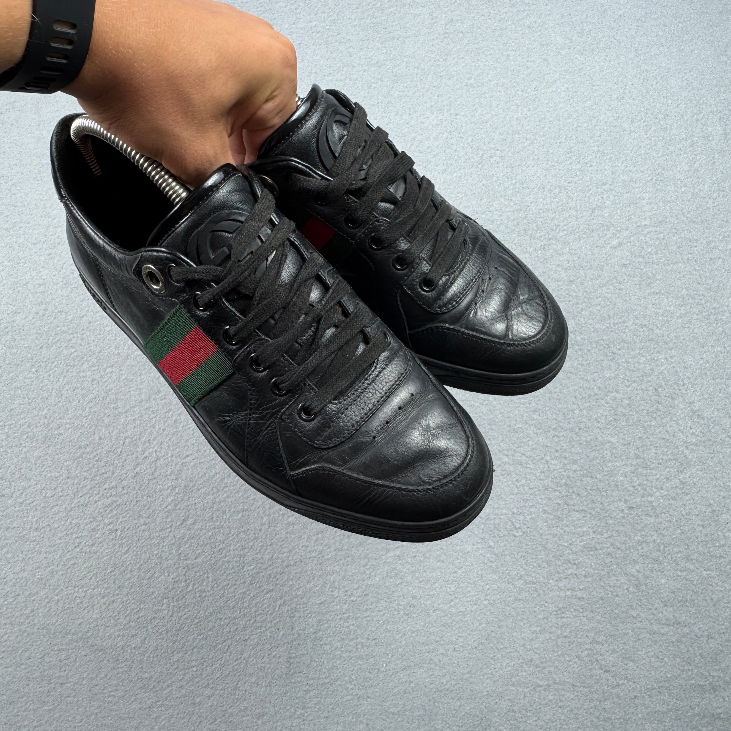 Gucci Coda Web Stripe Black Leather Sneakers Size 40.5 / 25.5cm image 4