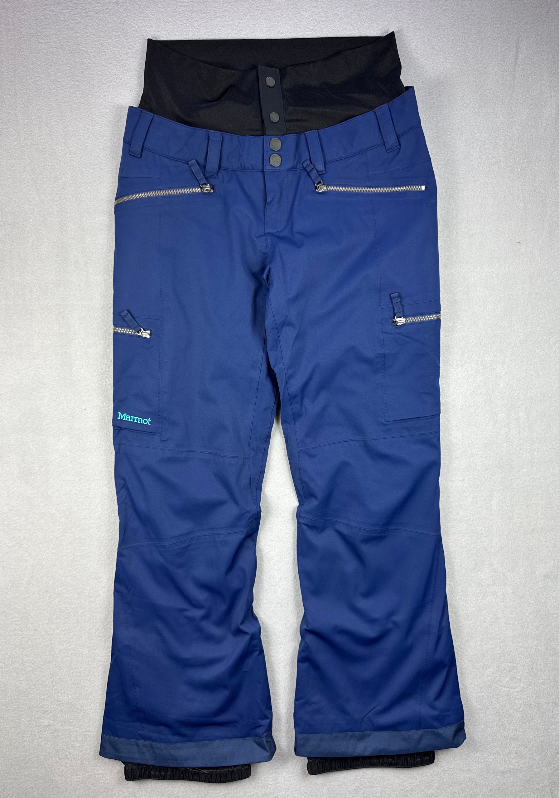 Women`s Marmot Blue Ski Snow Pants With Waist Gaiter Size L