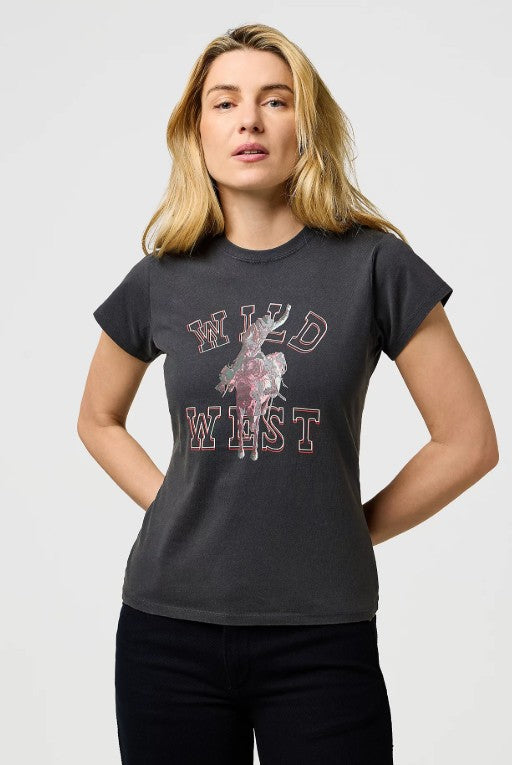 Wrangler Women's Faded Black Wild West Band Tee Print Cotton T-Shirt Small