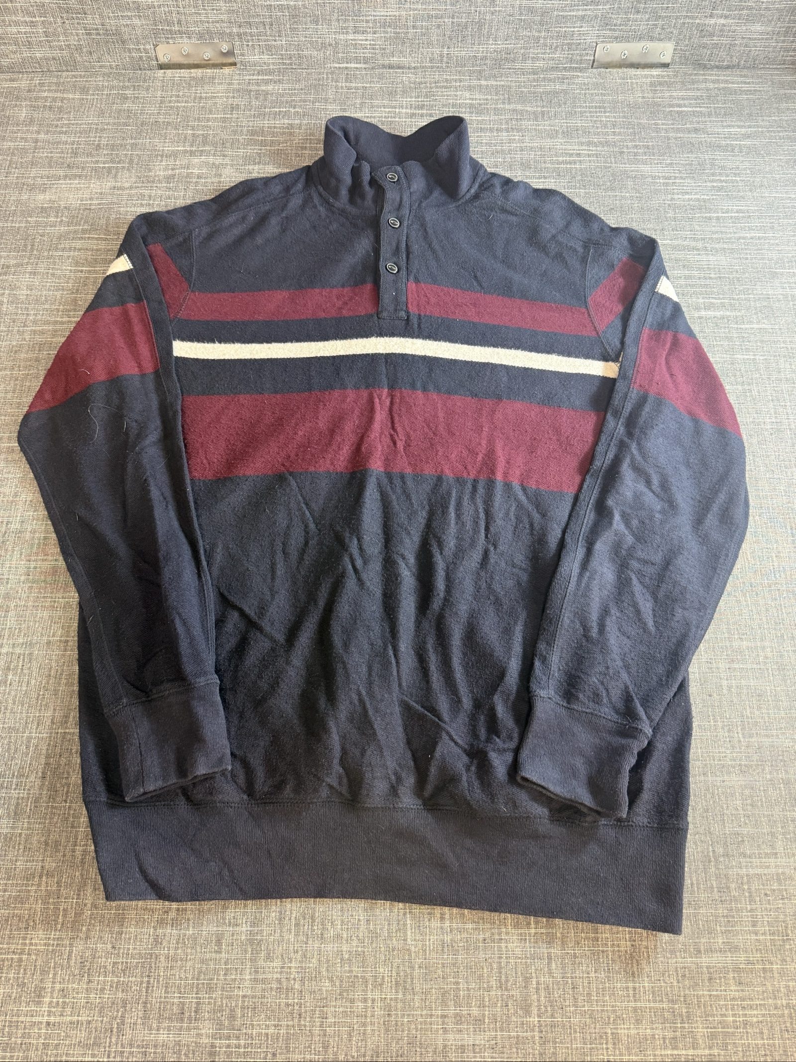 Chaps Men’s Cotton Polyester Striped Quarter Button Jumper Large Navy Burgundy