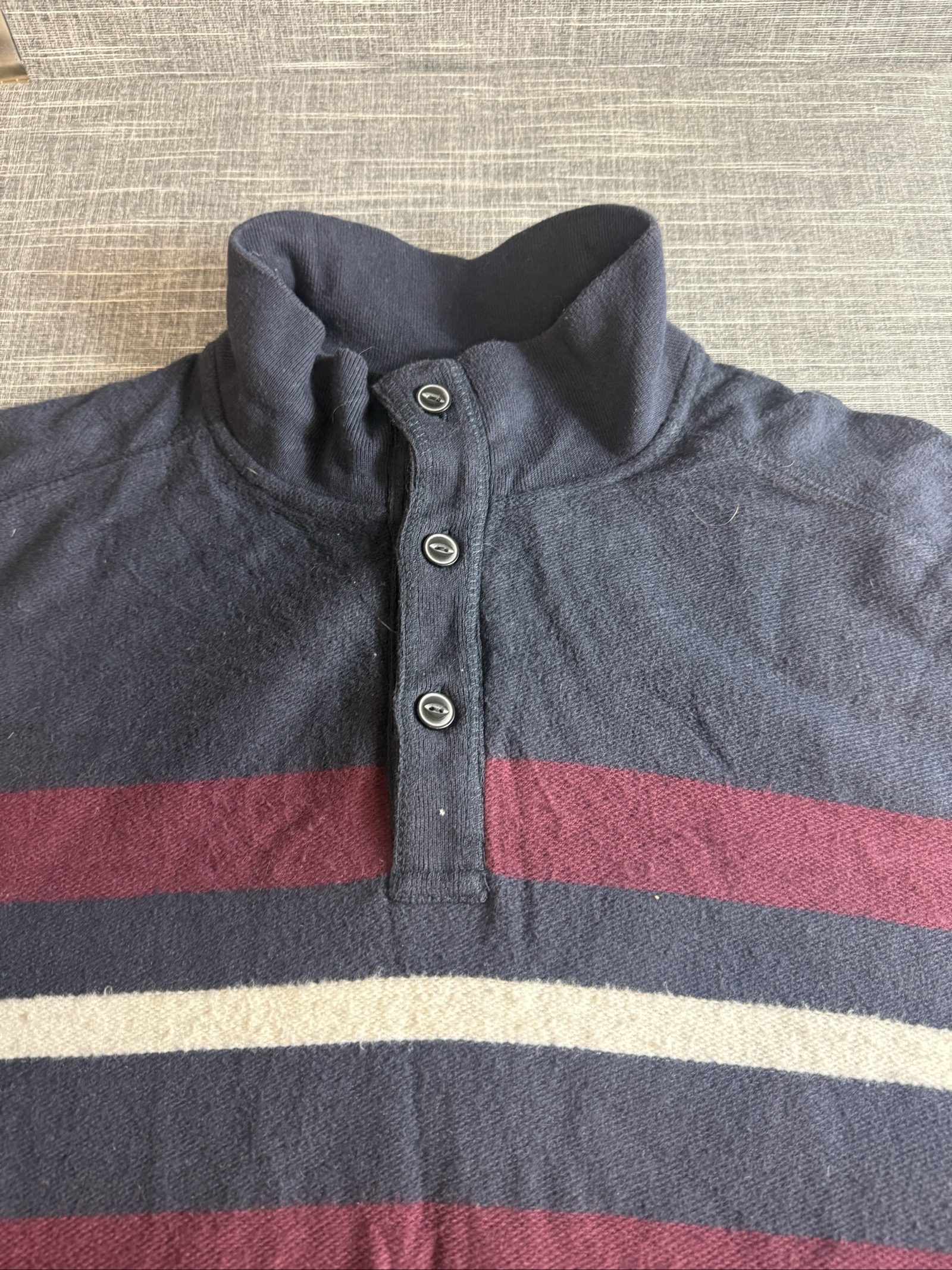 Chaps Men’s Cotton Polyester Striped Quarter Button Jumper Large Navy Burgundy image 2