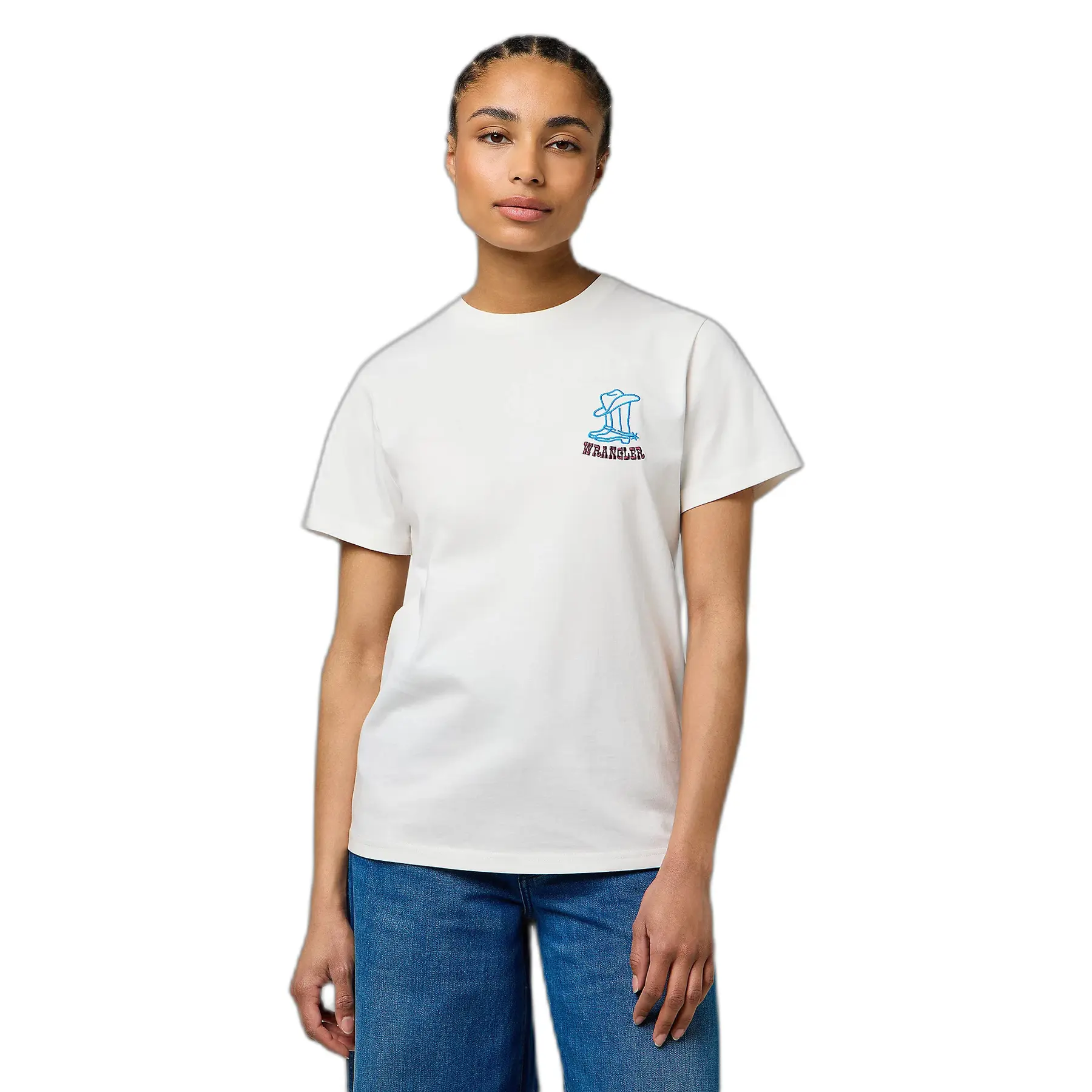Wrangler Western Women's White Cowboy Boot Logo Cotton T-Shirt Small