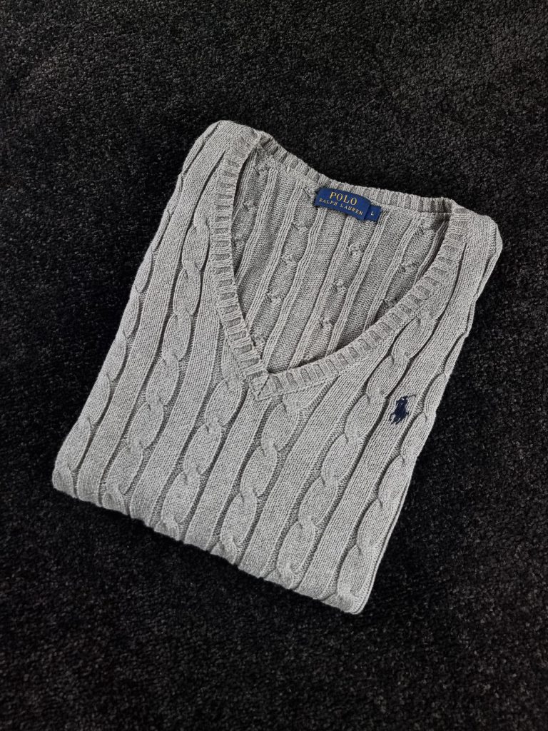 Sweater Ralph Lauren Women's L Grey Cable Knit V-Neck