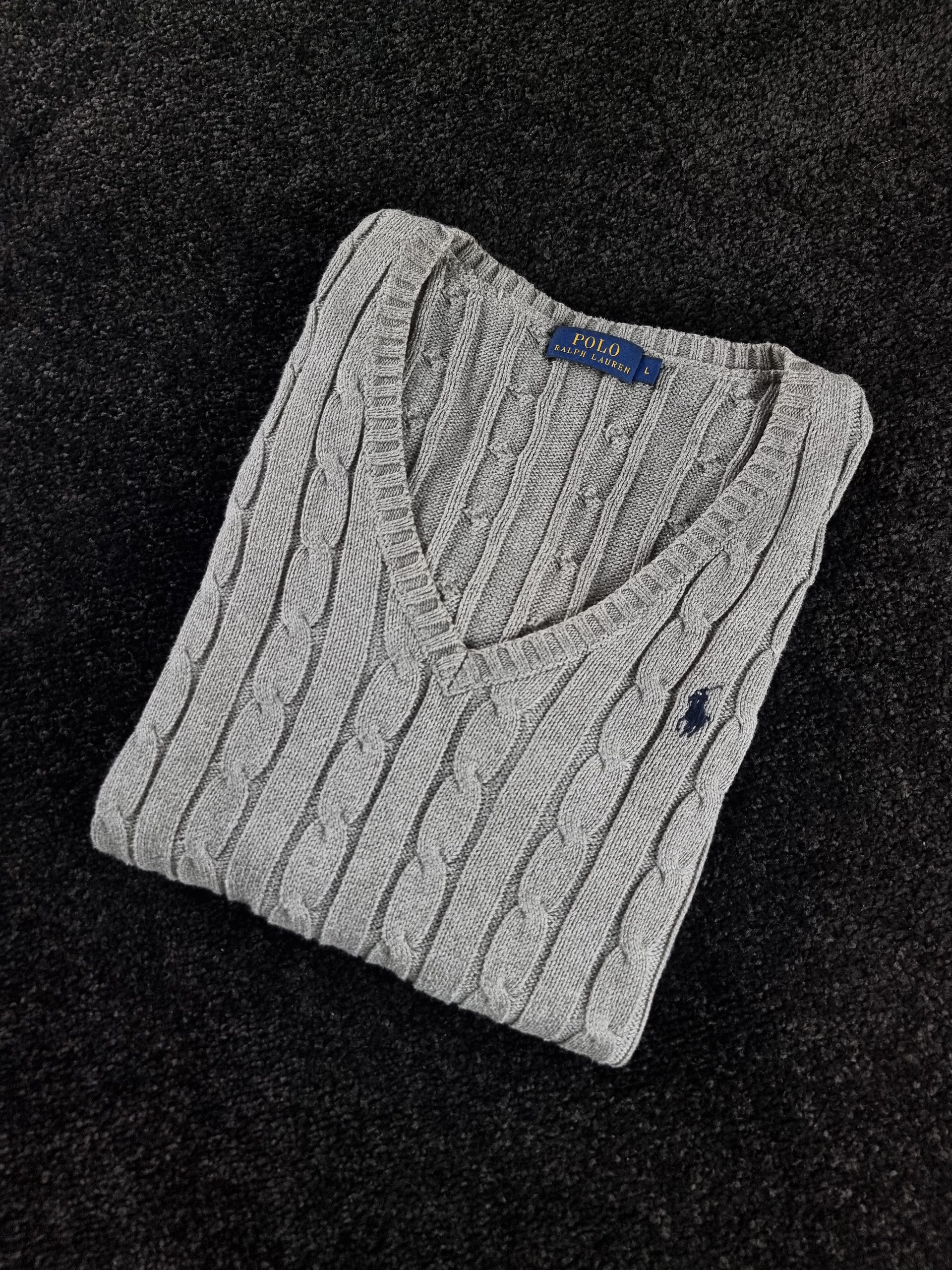 Sweater Ralph Lauren Women's L Grey Cable Knit V-Neck