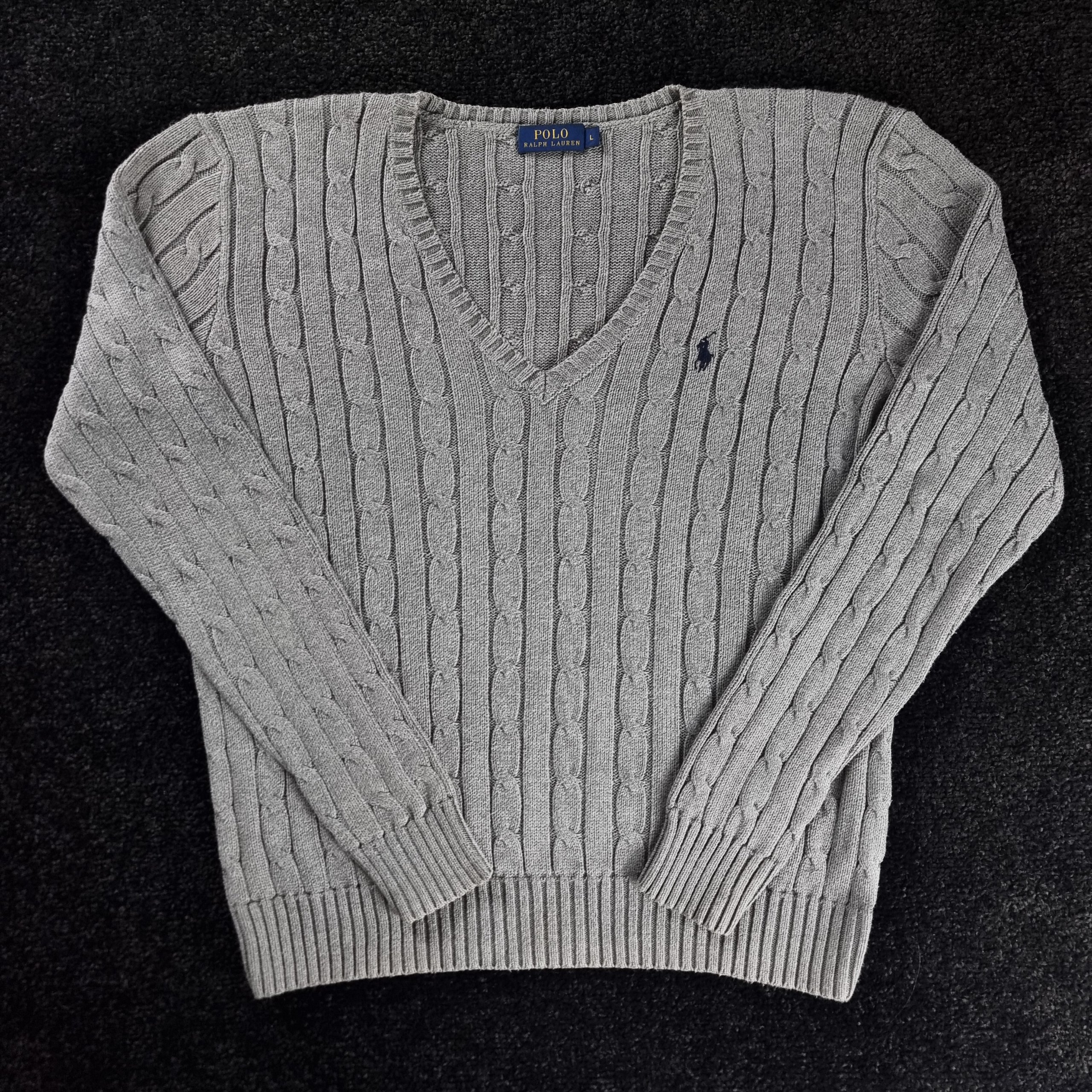 Sweater Ralph Lauren Women's L Grey Cable Knit V-Neck image 2