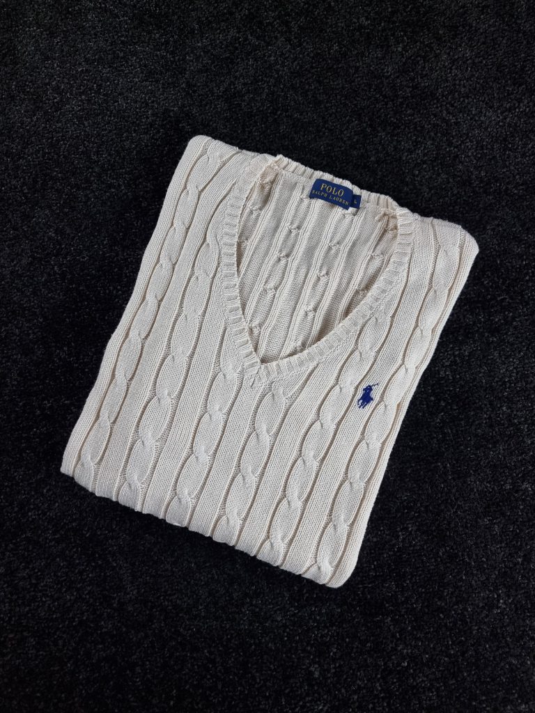 Sweater Polo Ralph Lauren Women L White Cream Cable Knit