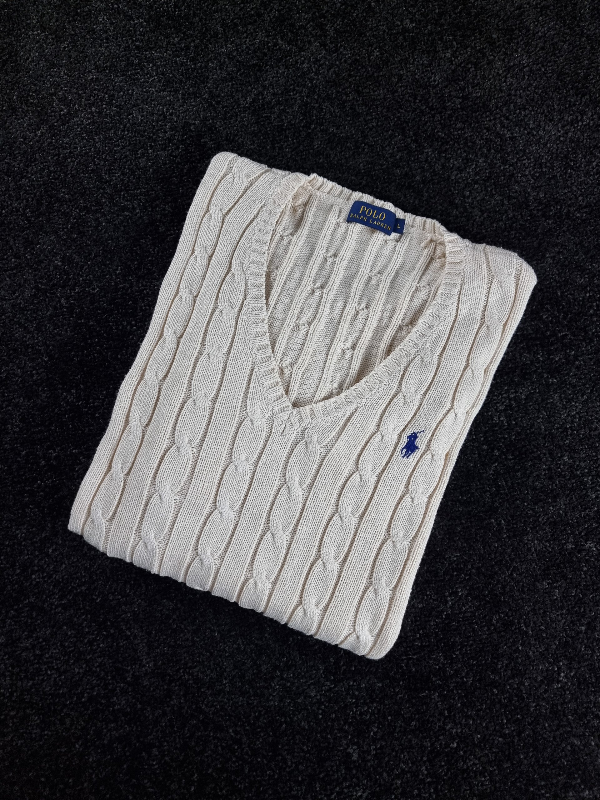 Sweater Polo Ralph Lauren Women L White Cream Cable Knit