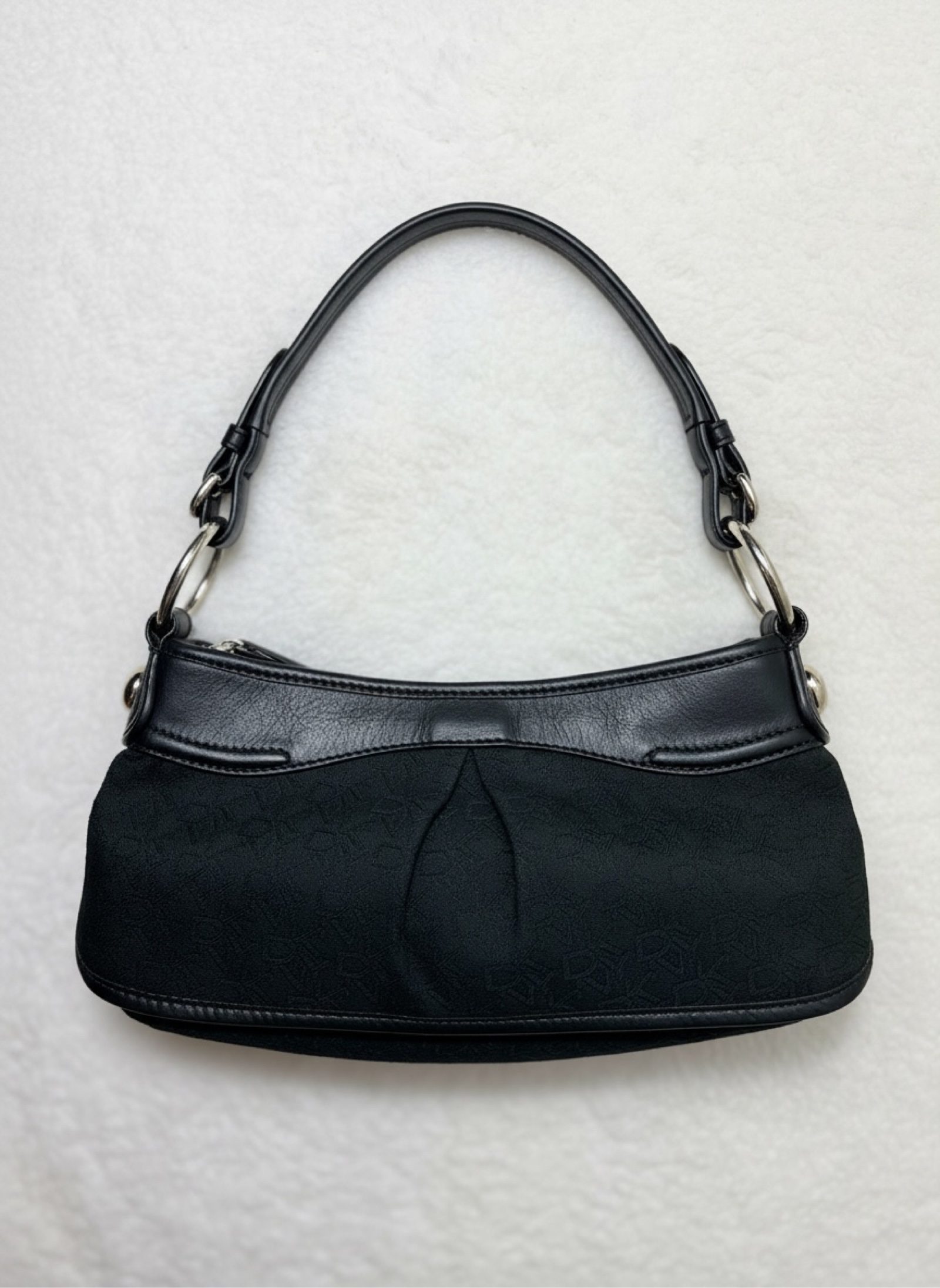DKNY Black Leather & Jacquard Logo Mini Bag Y2K 2000s