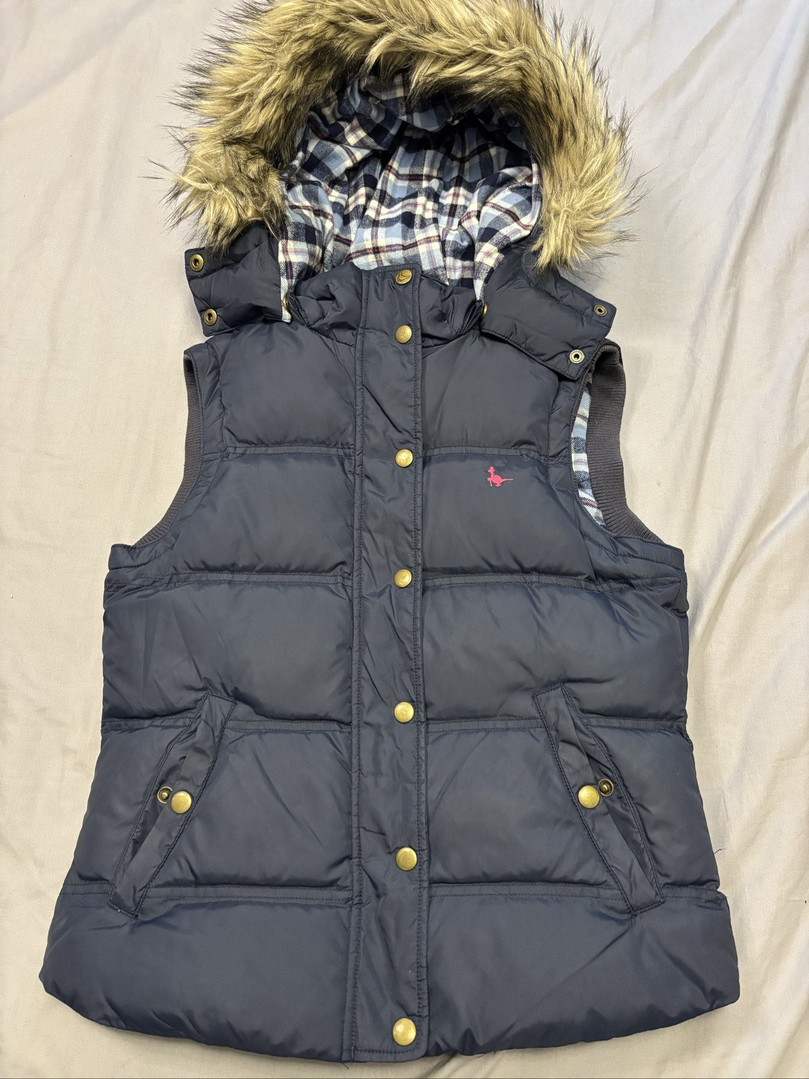 Jack Wills Navy Puffer Gilet UK 10 Womens Detachable Faux Fur Hood