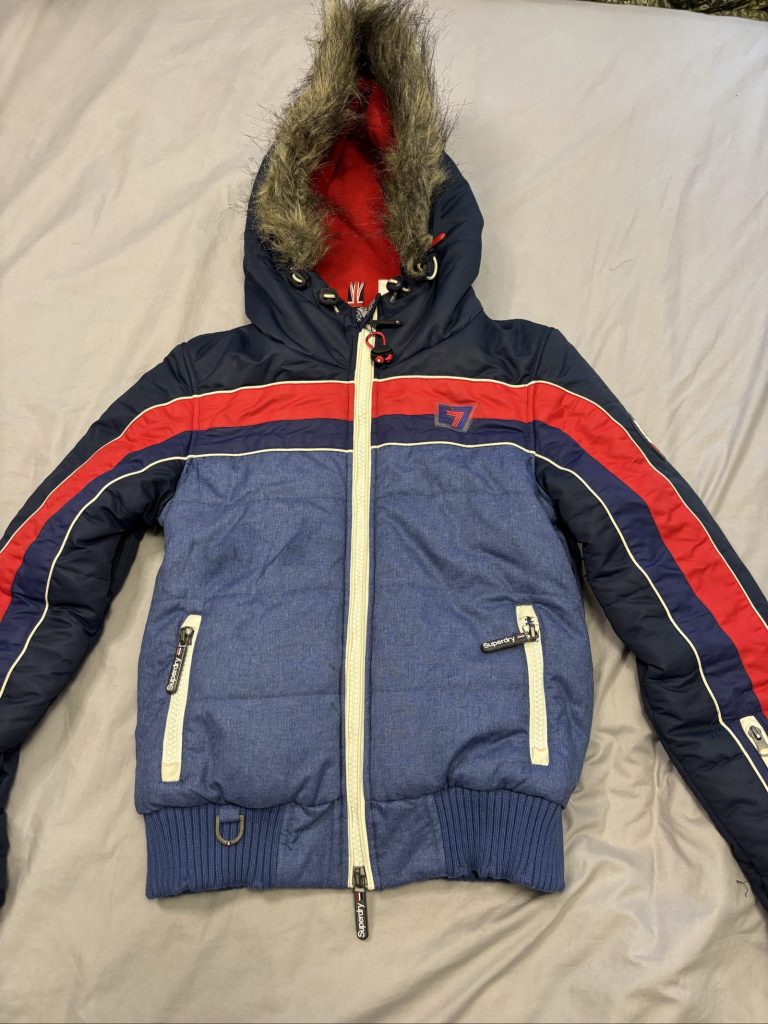 Superdry retro Men's Blue & Red Snow Puffer Jacket xs Faux Fur Hood