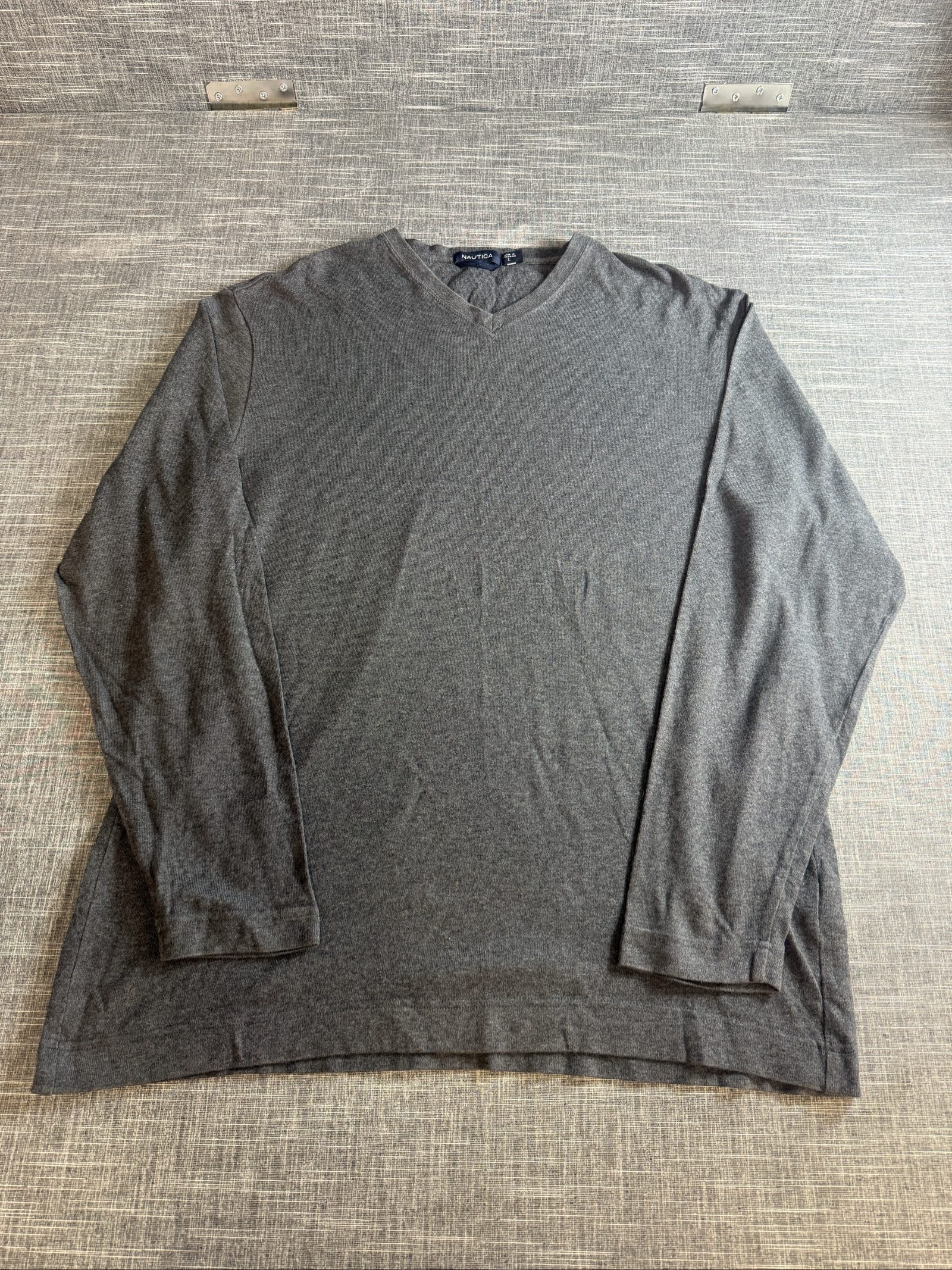 Nautica Men’s Grey V-Neck Long Sleeve Cotton Sweater Large