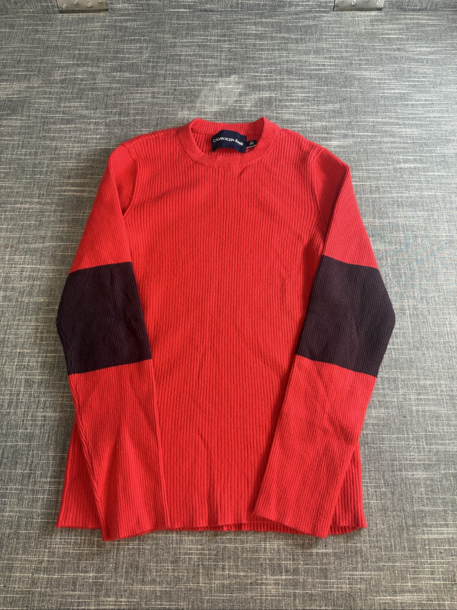 Calvin Klein Jeans Women’s Ribbed Knit Colourblock Sweater L Red Black