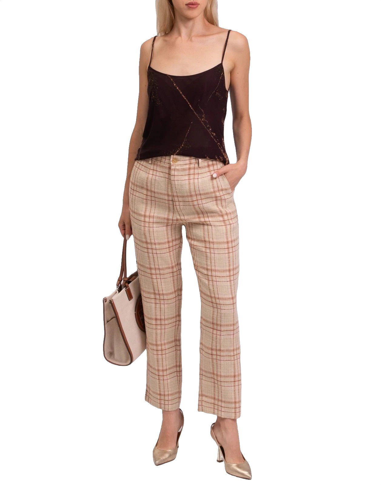 New forte_forte Plaid Linen Blend Trousers Beige Orange Size M image 2