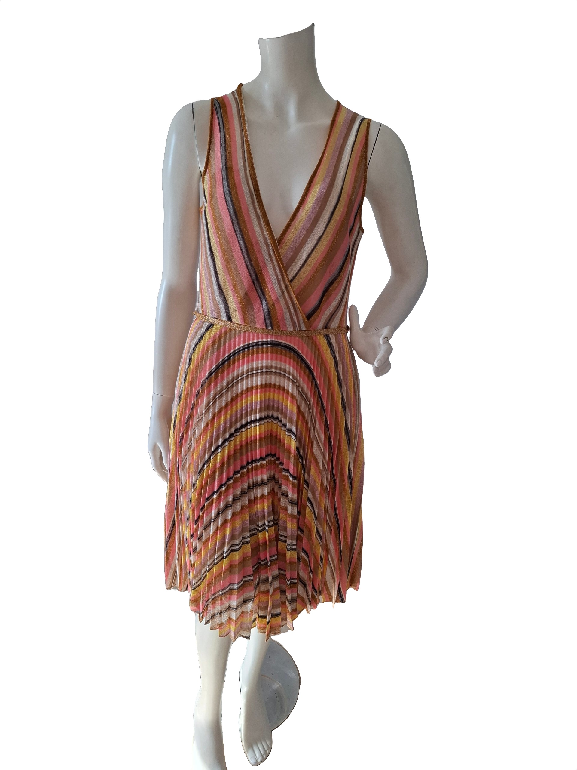 New JUCCA Striped Pleated Midi Dress Pink Gold Size M