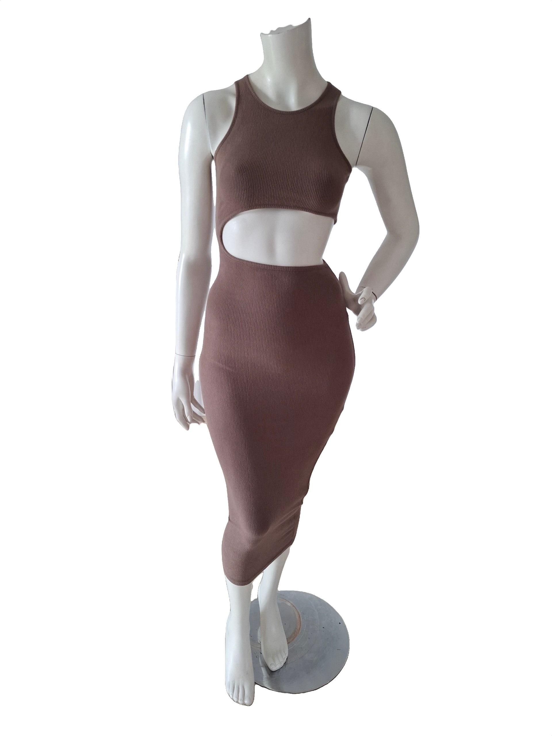 New THE KRIPT Cut-Out Ribbed Bodycon Midi Dress Brown Size S