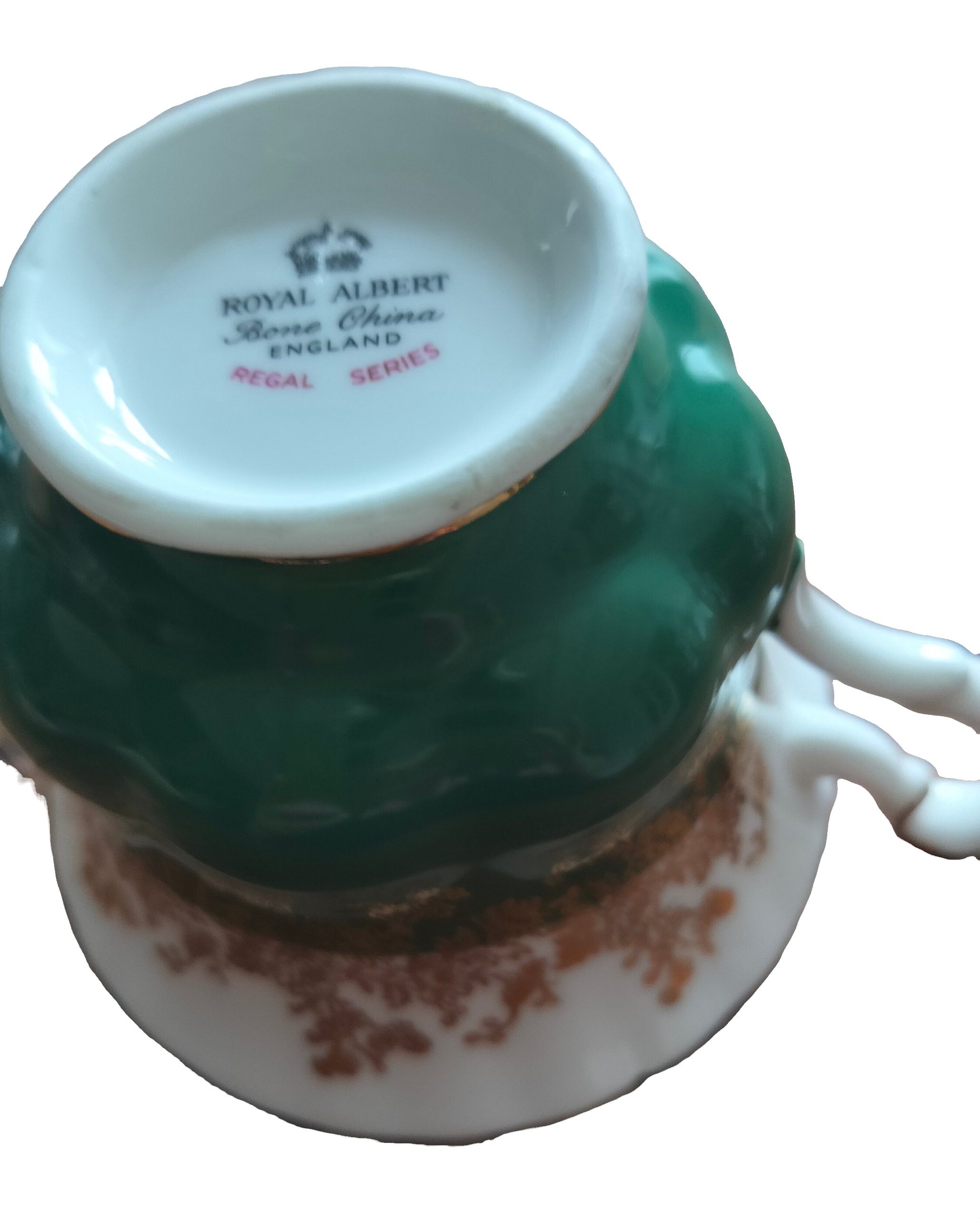 Royal Albert Green & White Bone China 2 Tea Cups & Saucers Set, Regal Series image 2