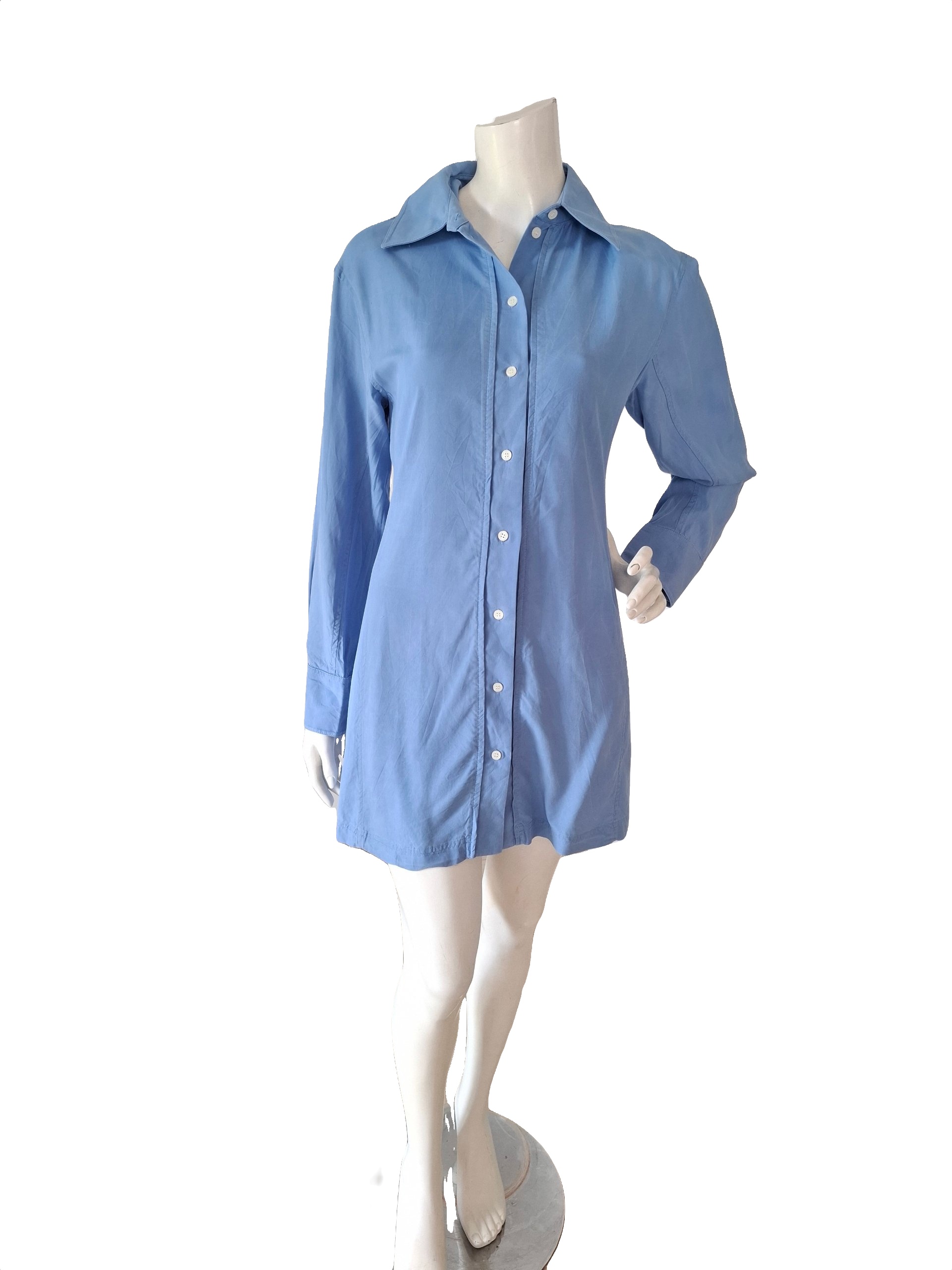 New Victoria Beckham Silk Fitted Shirt Mini Dress Cornflower Blue Size XS