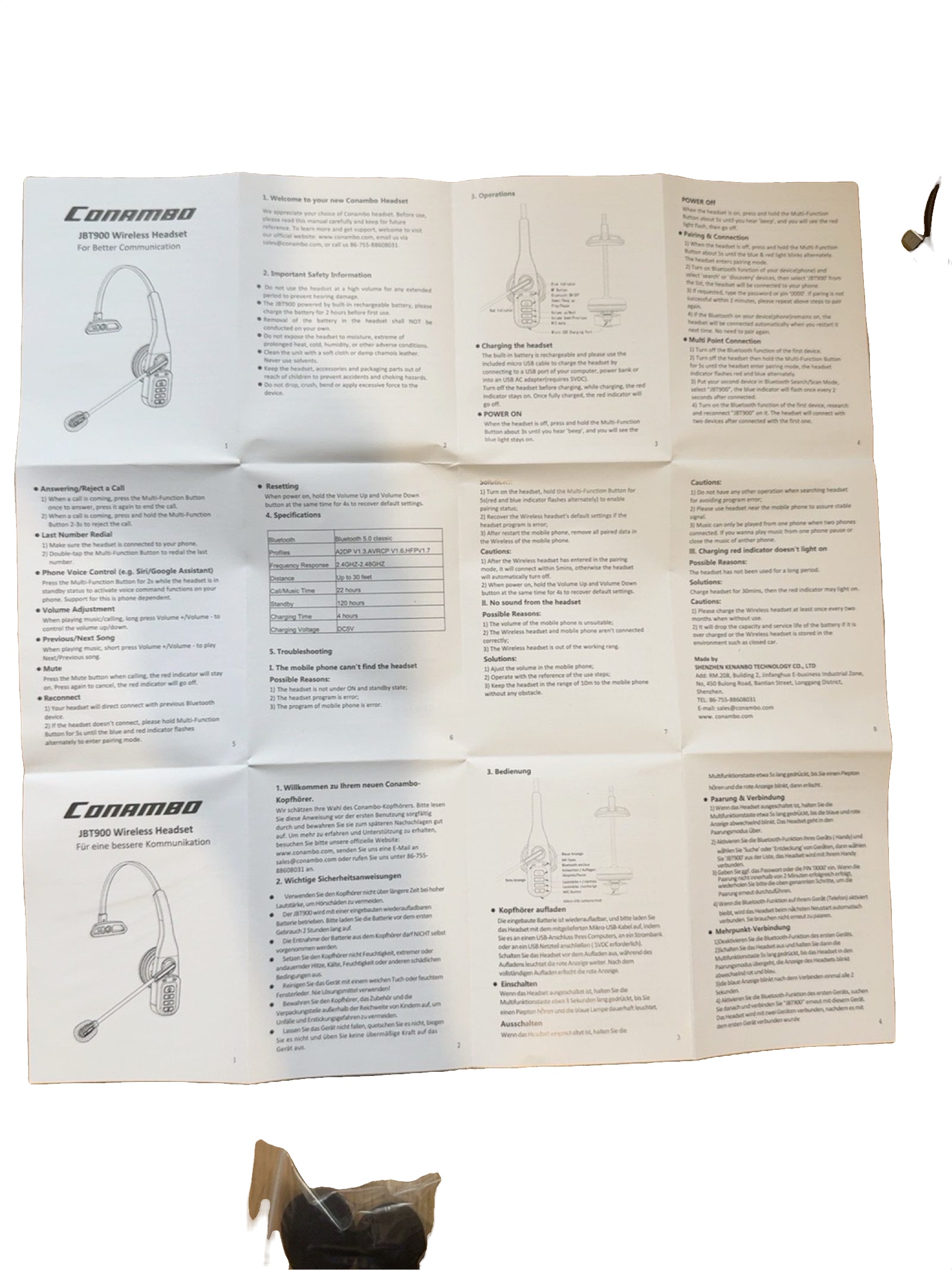 Conambo JBT900 Bluetooth 5.0 Wireless Headset Noise Cancelling Mic Black image 9