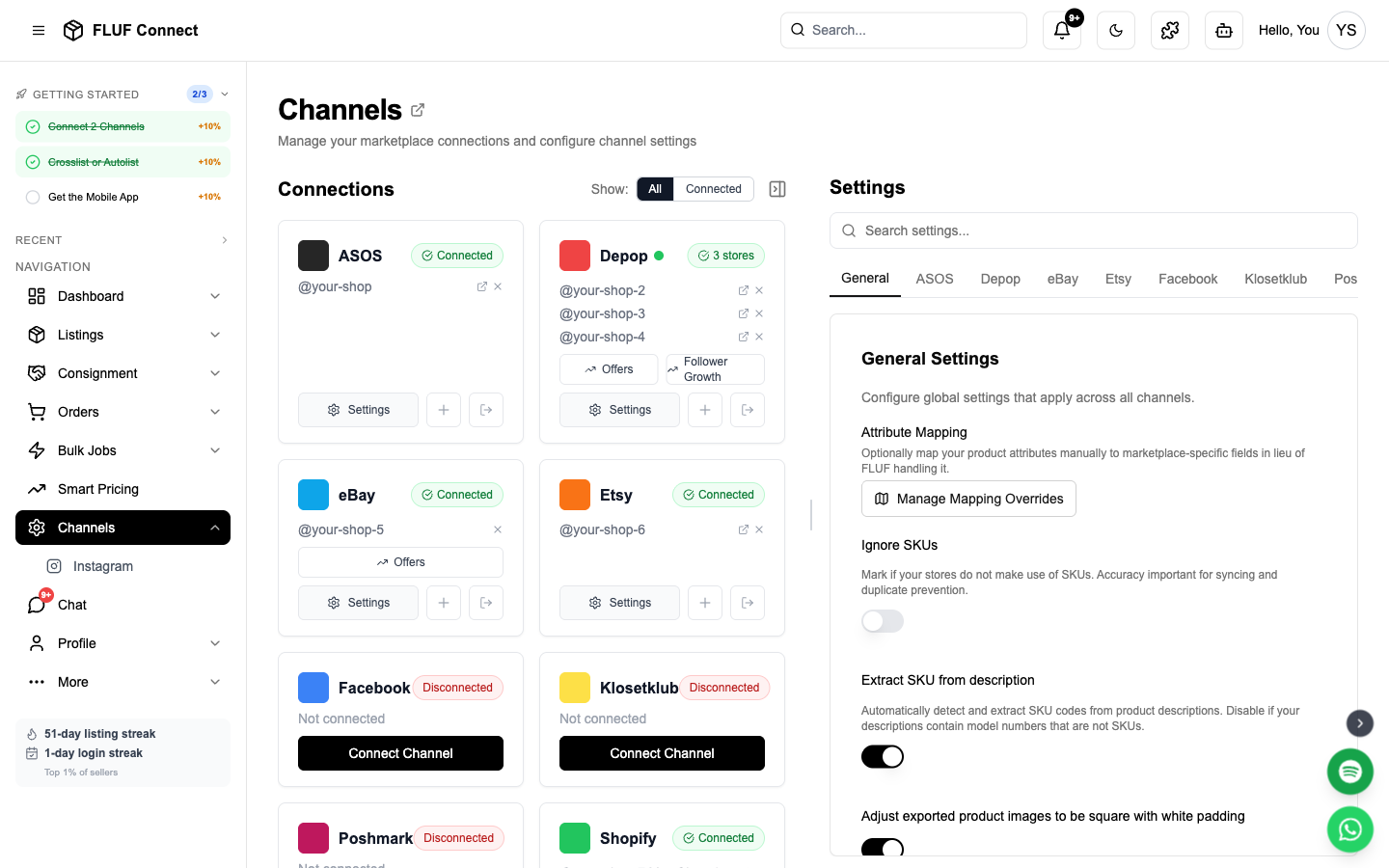 FLUF Connect Channels page with three stores connected under one marketplace card