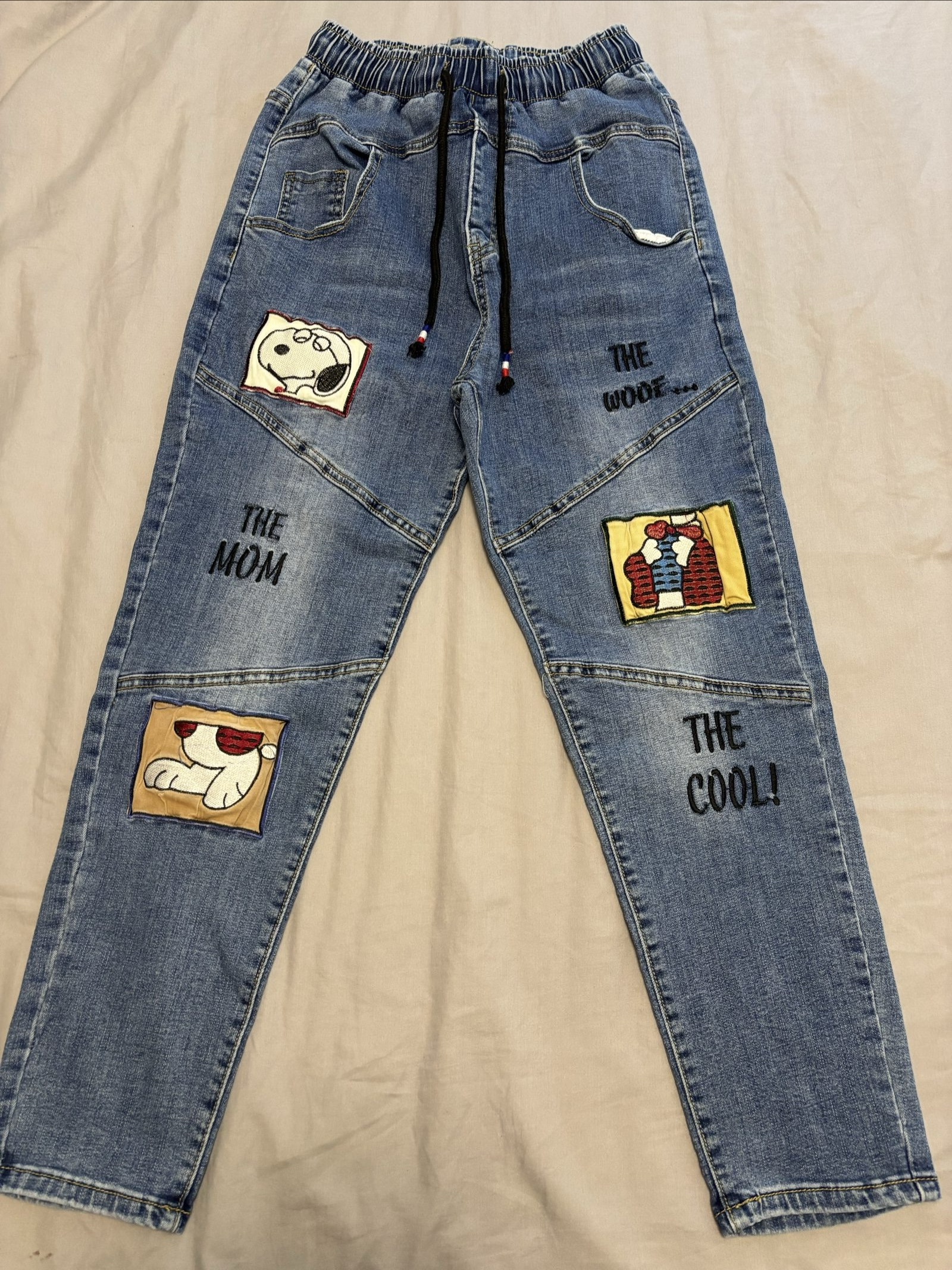 Snoppy Blue Denim Jogger Trousers Size L Embroidered Cartoon Patches