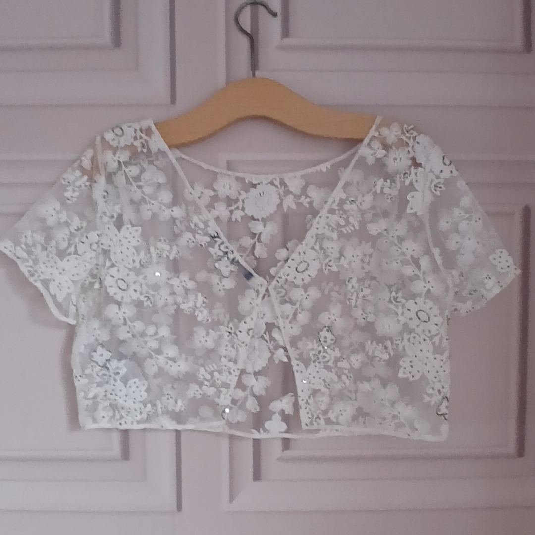 French Connection White Embroidered Embellished Lace Crop Top UK 12