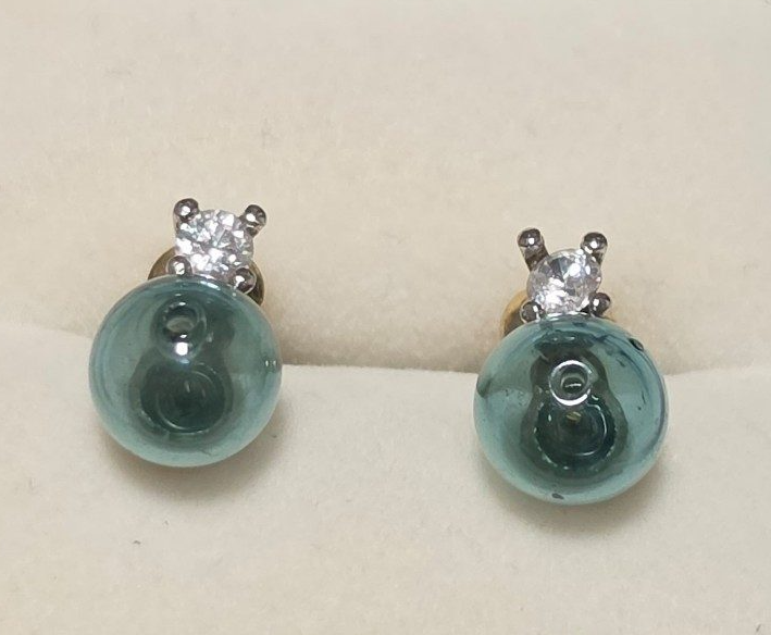 925 Blue Glass Sphere & Crystal Stud Earrings .b8