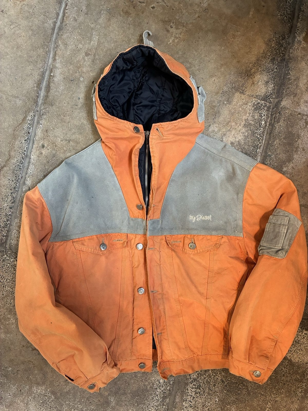 Vintage Diesel Orange & Grey workwear 90s y2k Hooded Jacket Medium Cotton Blend