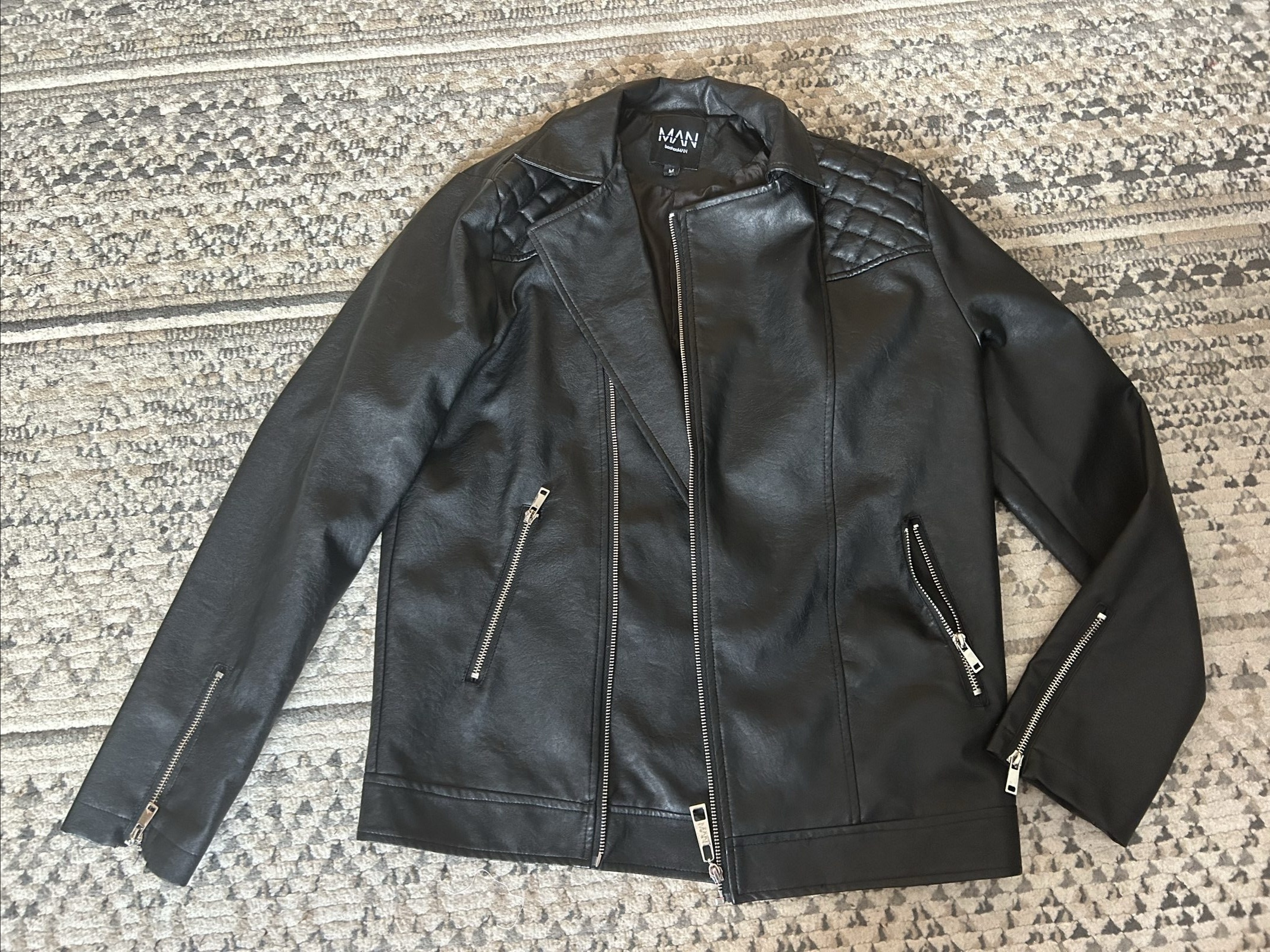 boohooMAN Black Faux Leather Biker Jacket Medium Quilted Shoulders