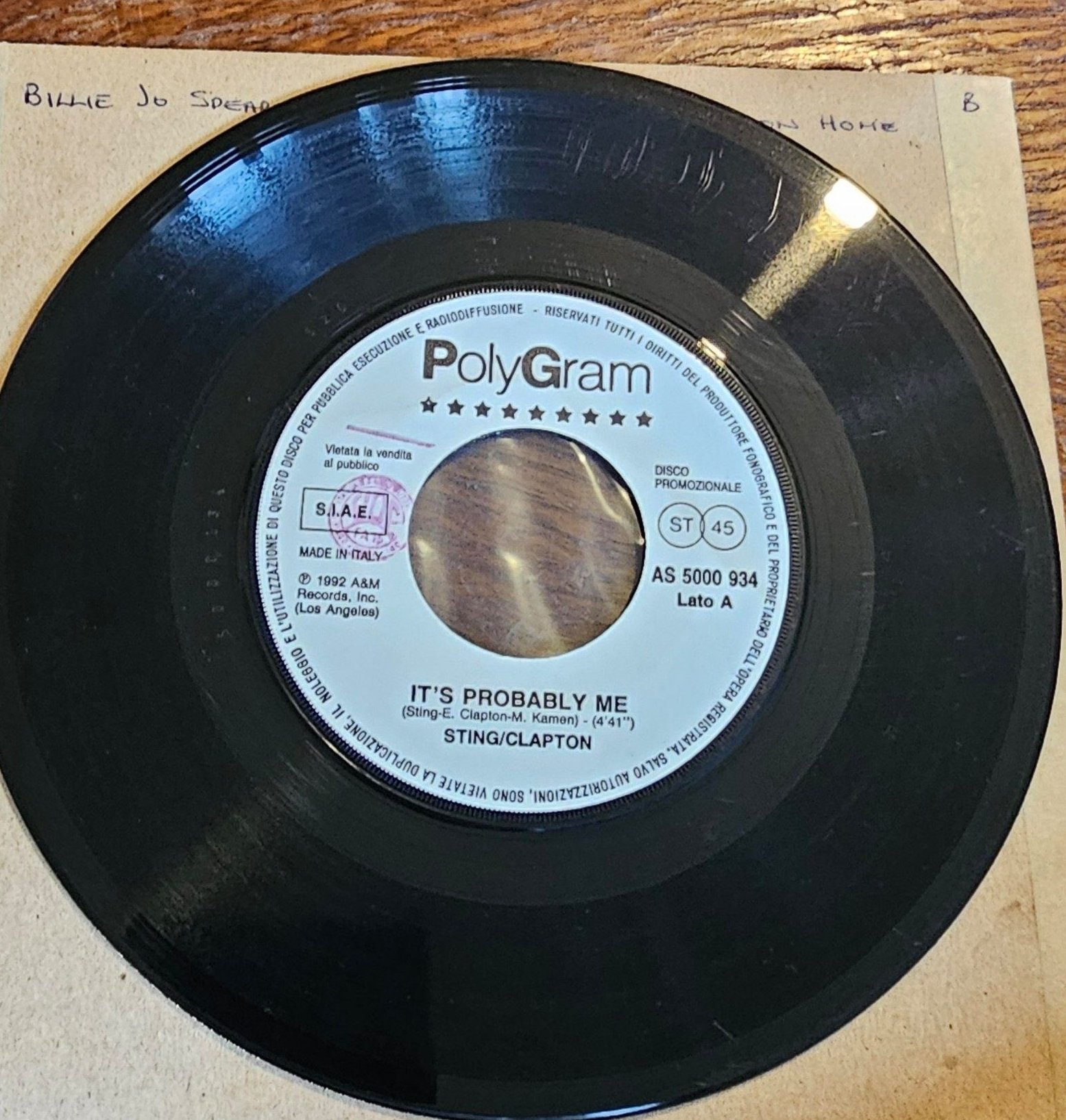 Sting It's Probably Me Promo PolyGram 7" Vinyl Single AS 5000 934