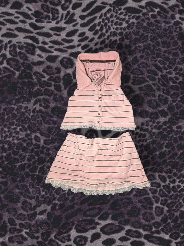 Vintage Y2K Vanity Pink & Brown Striped Polo Mini Skirt Set