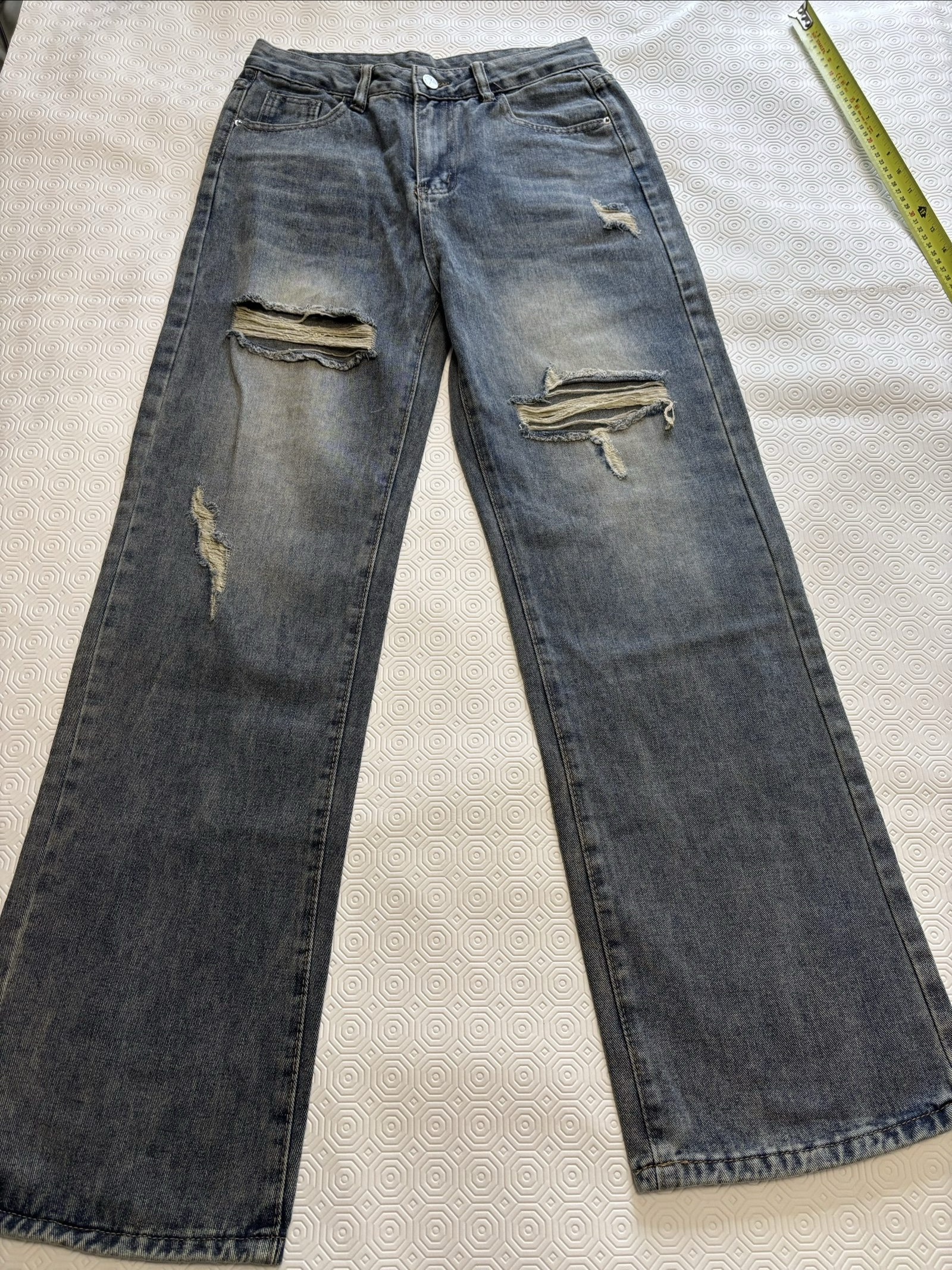 Blue Distressed Ripped Denim Jeans Straight Leg