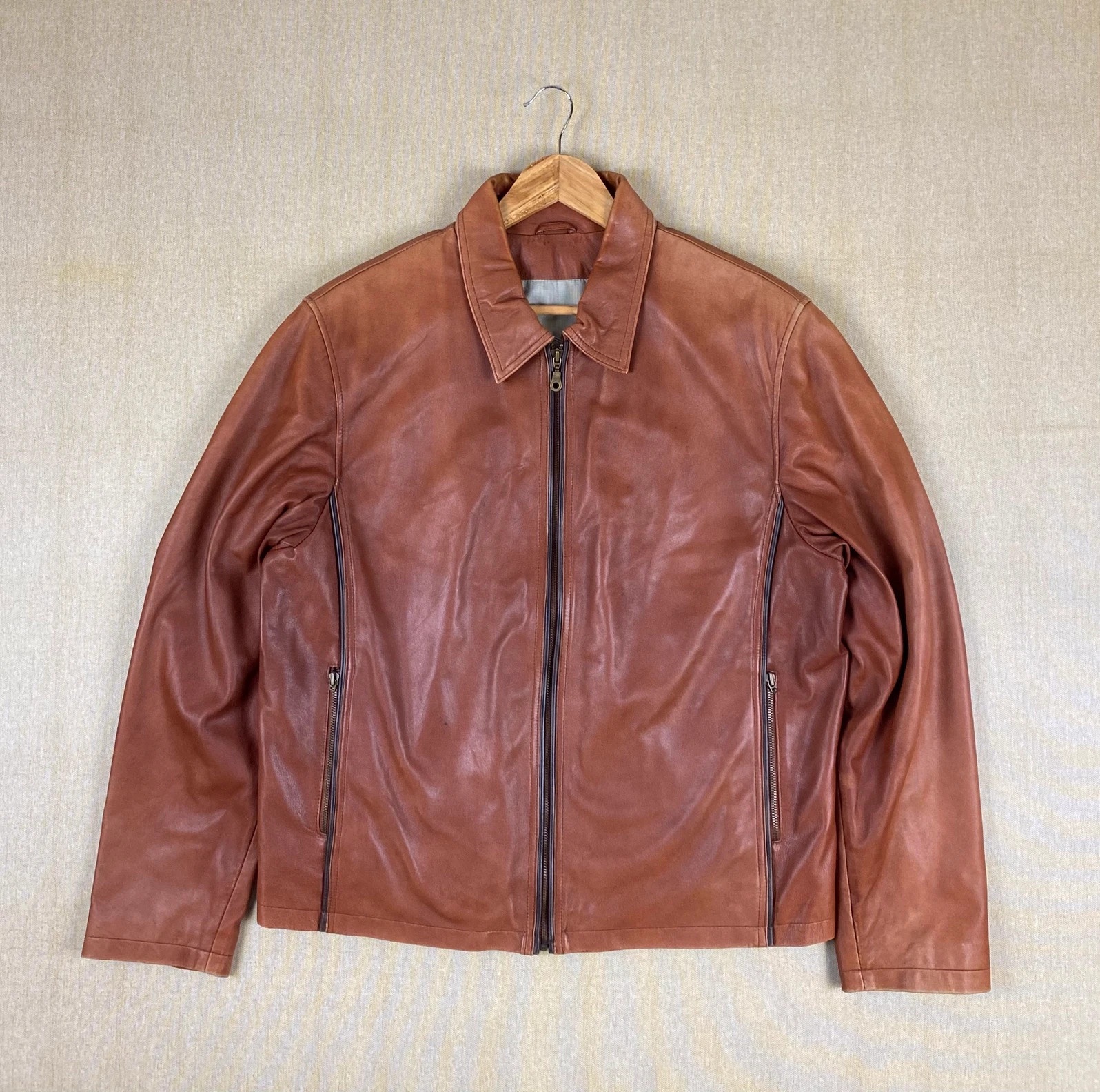 Very Best In Classics Vintage Burnt Orange Cognac Leather Zip-Up Harrington Jacket