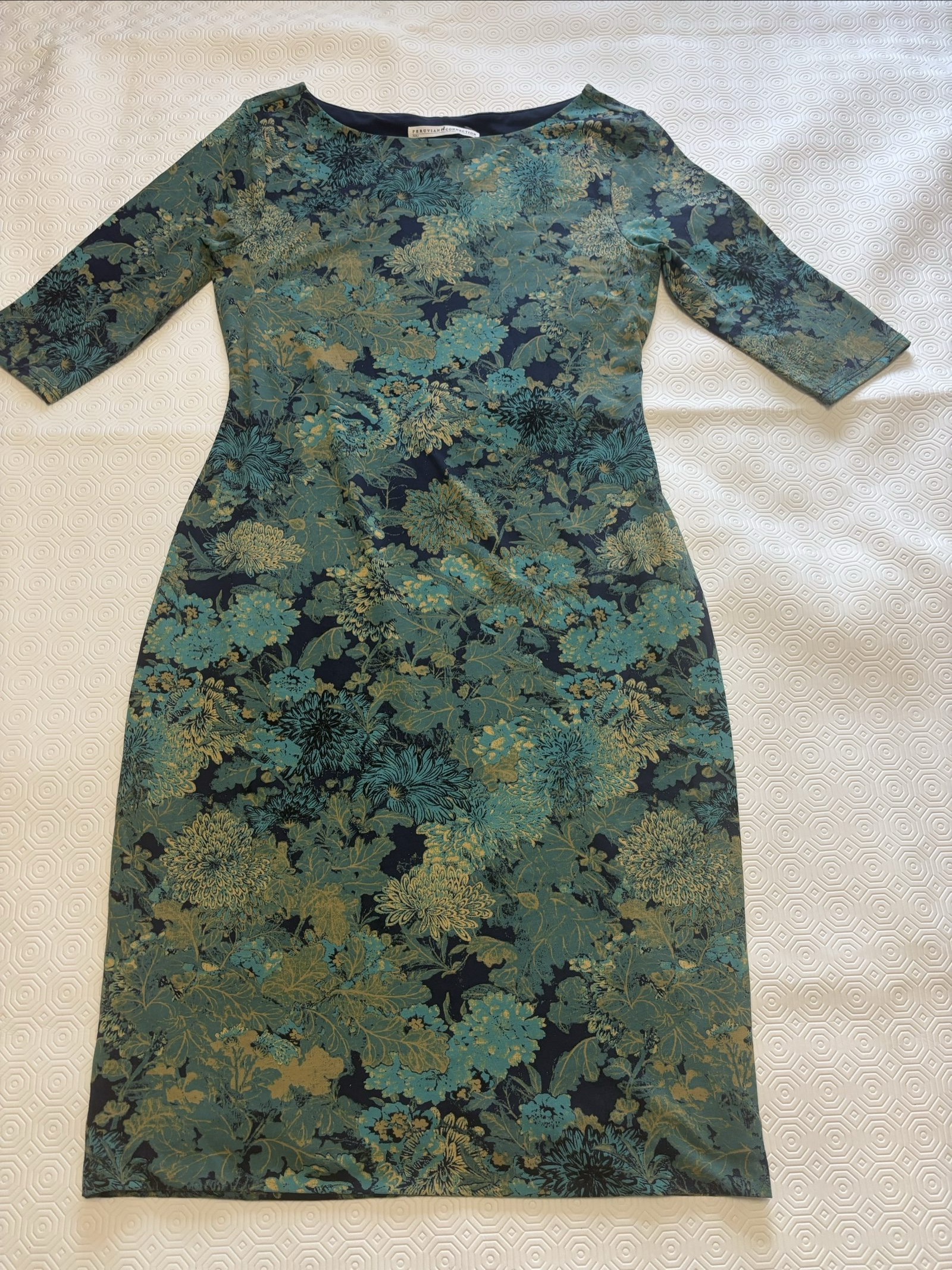 Peruvian Connection Blue & Green Floral Printed Long Sleeve Dress small