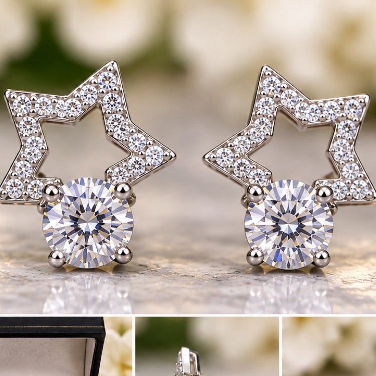 Moissanite Star Earrings D VVS1 GRA Certified Round Brilliant Sparkle Studs image 2