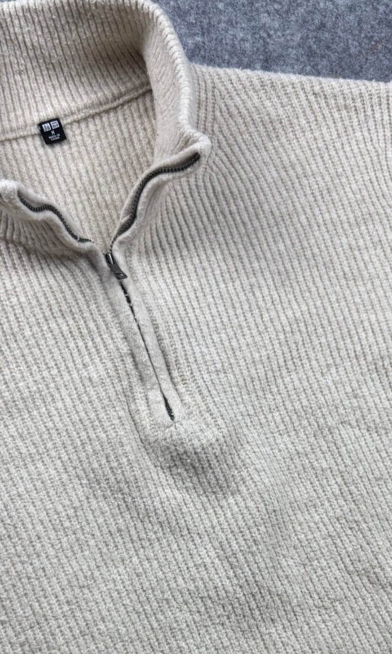 Uniqlo Cream Ribbed Half Zip Sweater Men’s M Wool Blend image 6