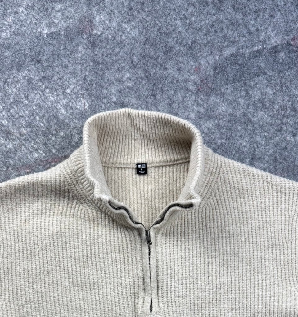 Uniqlo Cream Ribbed Half Zip Sweater Men’s M Wool Blend image 8