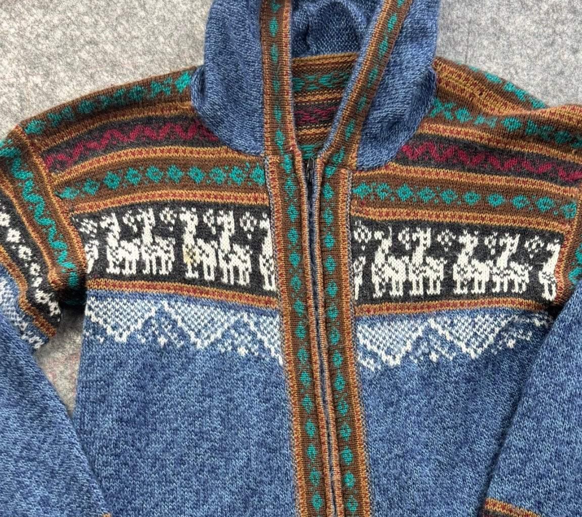 Blue Fair Isle Zip Hooded Wool Cardigan Coatigan Large - Llama Motif image 7
