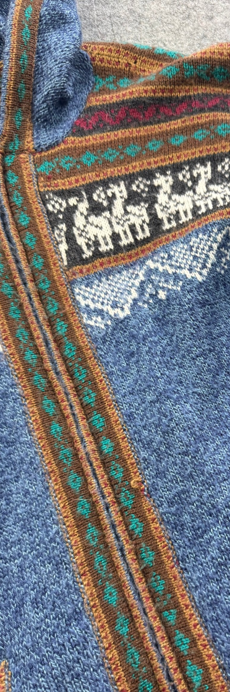 Blue Fair Isle Zip Hooded Wool Cardigan Coatigan Large - Llama Motif image 9
