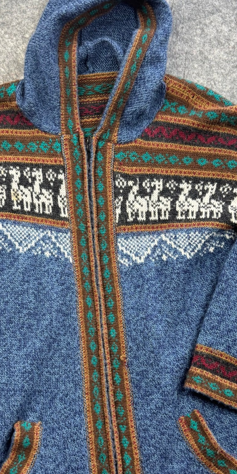 Blue Fair Isle Zip Hooded Wool Cardigan Coatigan Large - Llama Motif image 8