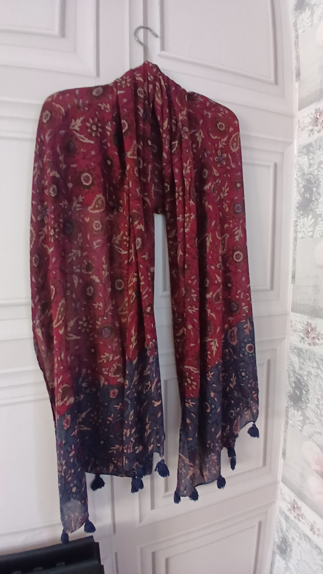 FatFace Red & Navy Floral Pattern Tassel Scarf