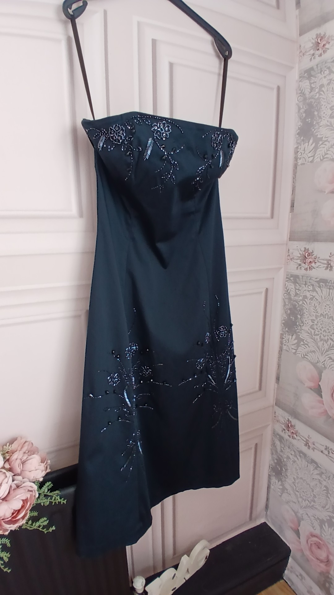 Strapless Black Beaded Cocktail Dress Floral Embroidery UK 12