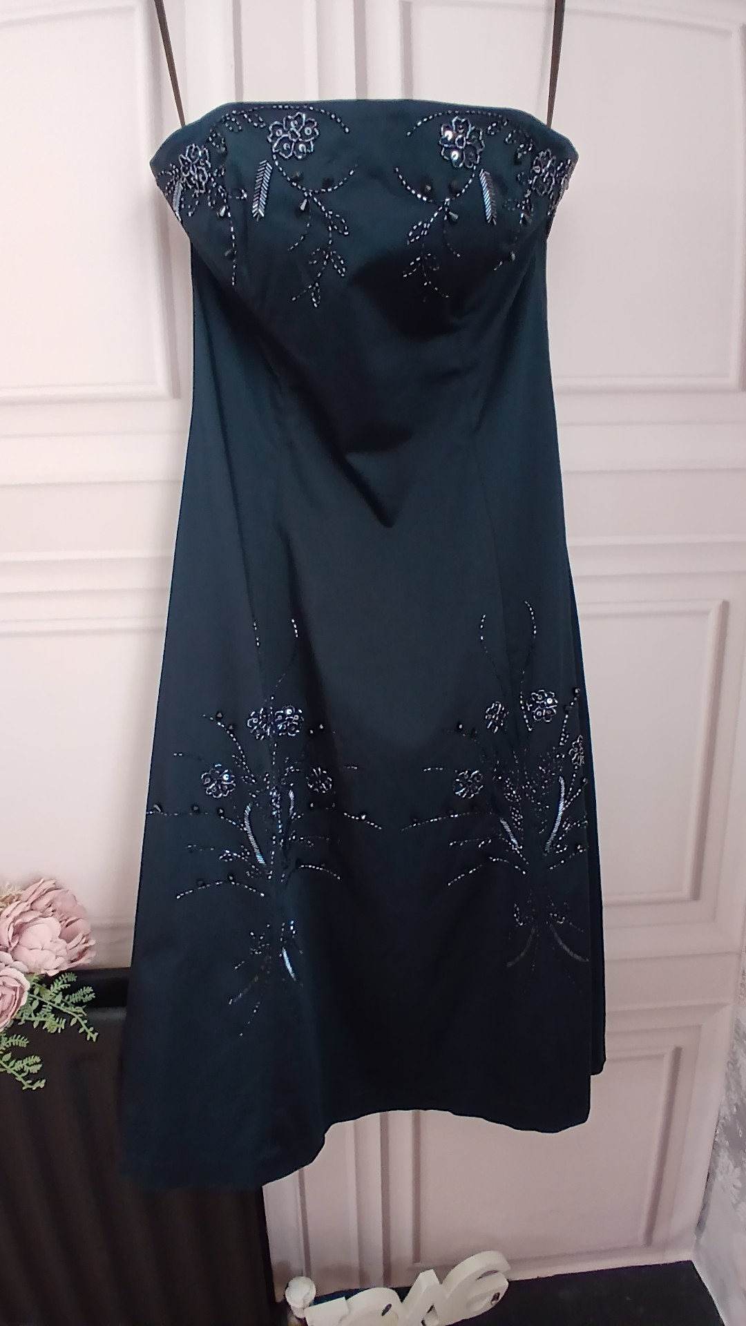 Strapless Black Beaded Cocktail Dress Floral Embroidery UK 12 image 2