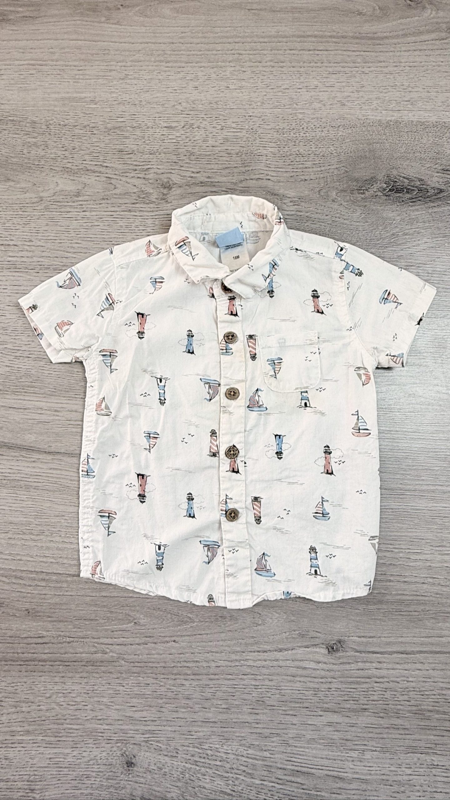 Little Lad Boys White & Blue Cotton Shirt 18M with Boat Print (1693)